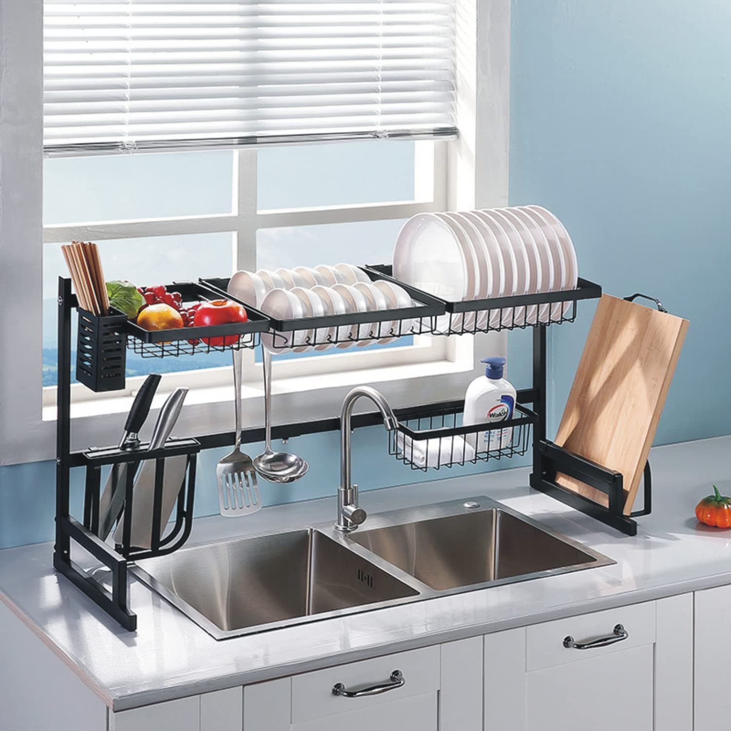 Dish Rack Over Sink,2-Tier Large Adjustable Length(33.9"- 43.3") Stainless Steel Over Sink Dish Drying Rack,Dish Drainer for Kitchen Sink Organizer(Black)