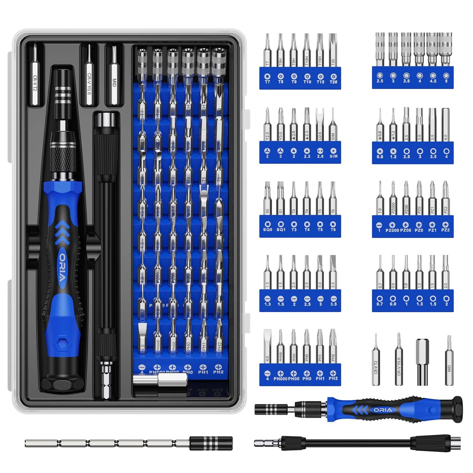 ORIA Precision Screwdriver Kit, 60 in 1 with 56 Bits Screwdriver Set, Magnetic Driver Kit with Flexible Shaft, Extension Rod for Mobile Phone, Smartphone, Game Console, Tablet, PC, Blue