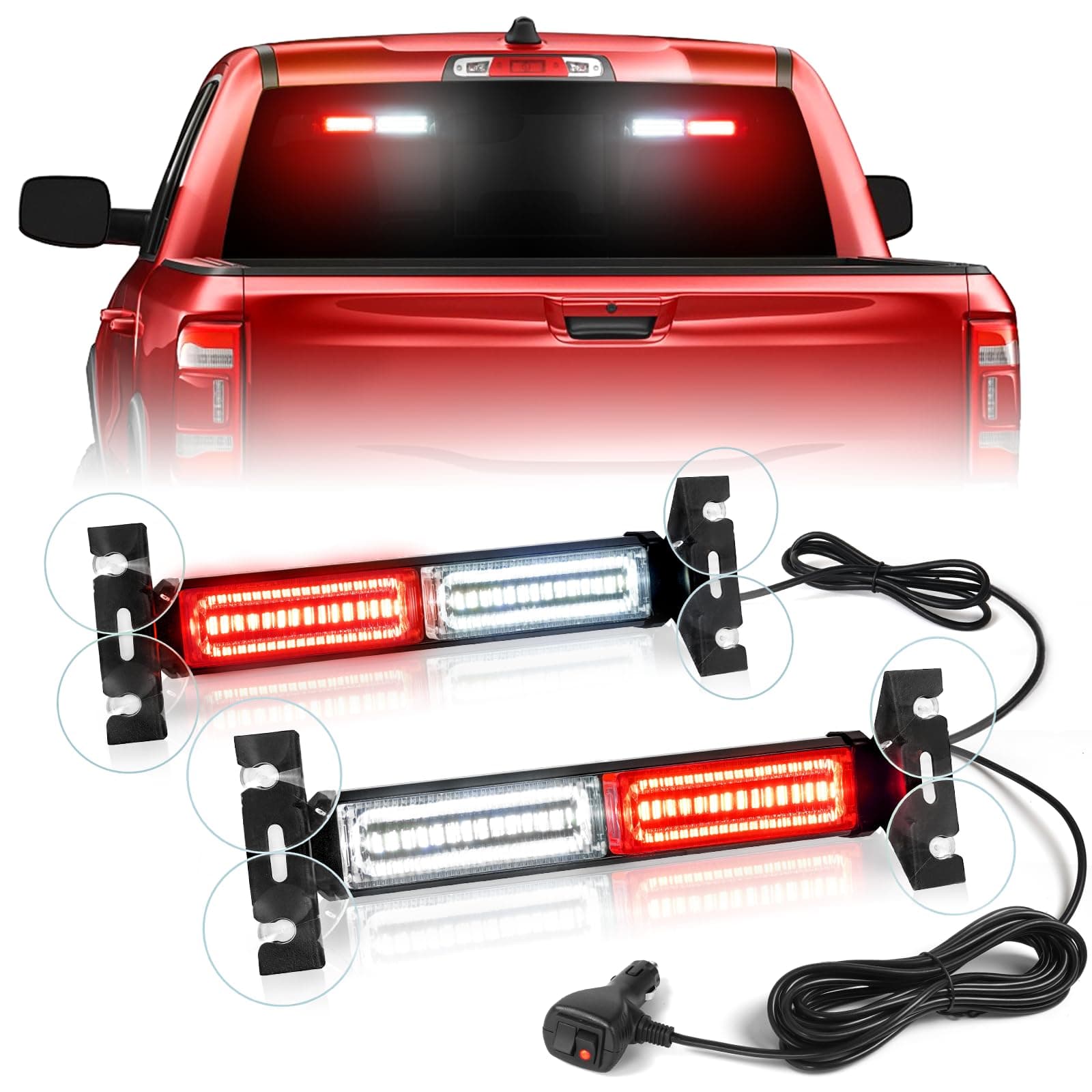 HLauto 1002L Emergency Strobe Traffic Advisor Light Bar: 40 LED Dash Safety Warning Flashing Light, Front/Rear Windshield Visor Light for Construction Vehicle, Tow/Plow Truck (2x10.7inch, Red White)