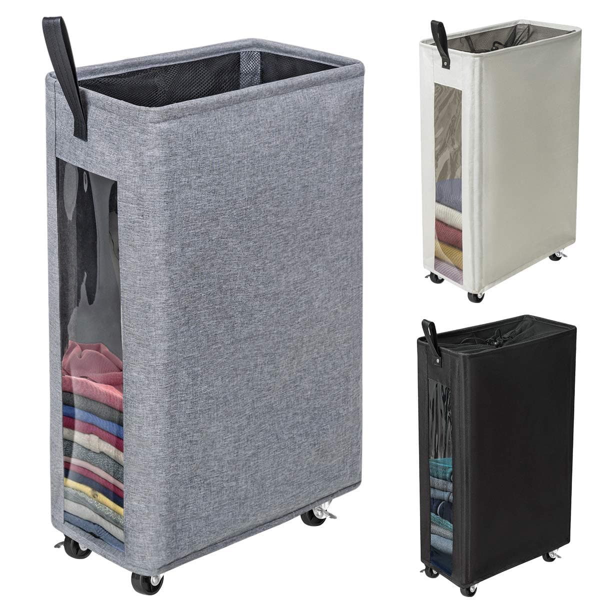 ZERO JET LAG 25 Inches Slim Laundry Storage Hamper - Large Rolling Clothes Hamper - Rolling Storage Bin - Tall Corner Basket - Clear Window Visible - Dirty Laundry Bin - Heather Gray