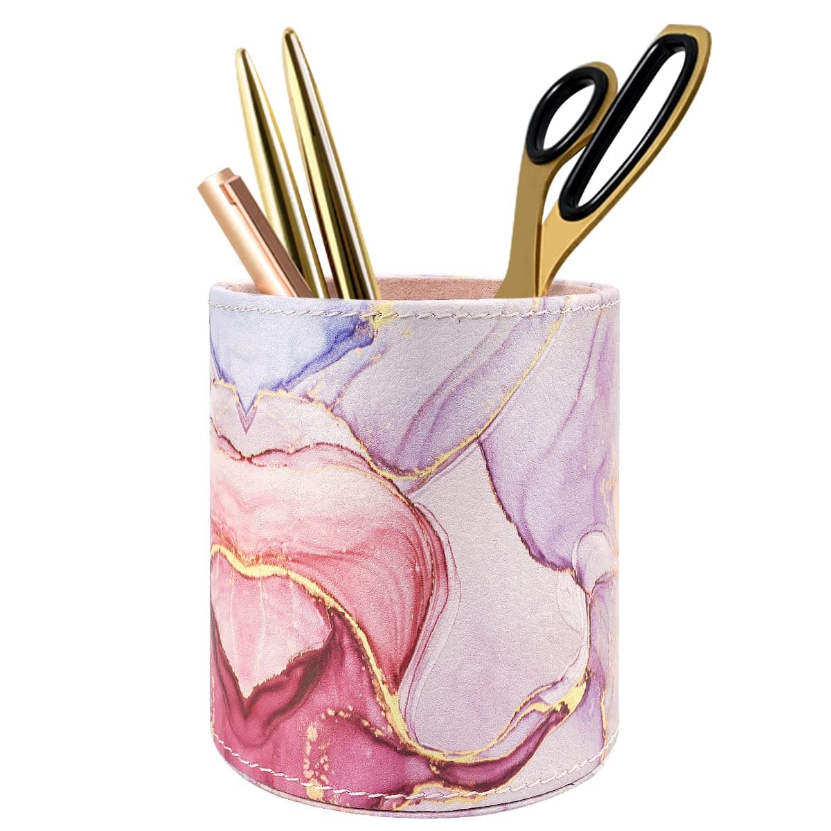 WAVEYU Pen Holder for Women Girls, Pencil Cup Pink Desk Decor, Makeup Brush Holder Large Pu Leather Multi-Functional Organizer Cup for Office, Classroom, Home, Colorful Marble