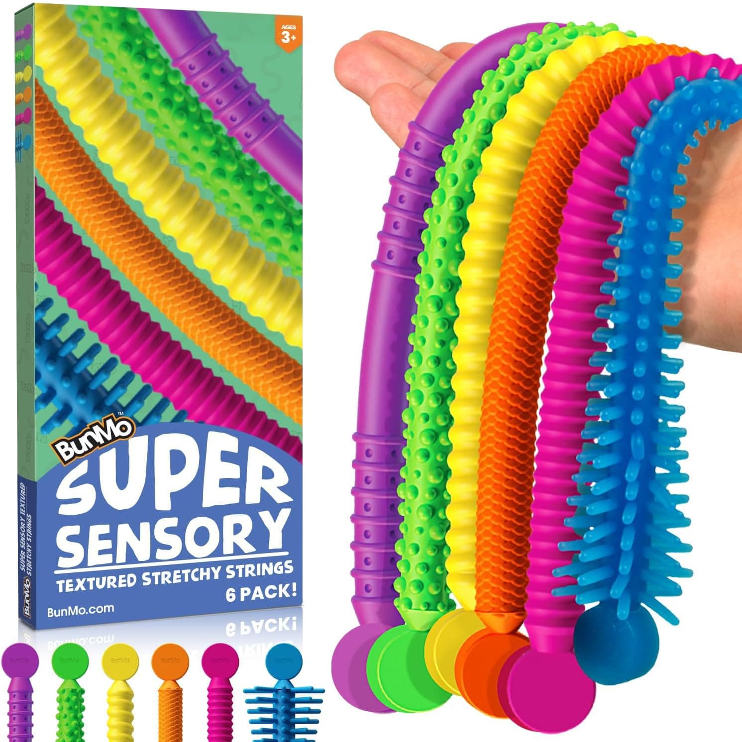 BUNMO Easter Basket Stuffers - Sensory Stretchy Strings - Stimulating Fidget Toys for Toddlers - Easter Gifts for Kids - Non-Mouthable 3+ - Super Sensory 6 Pack