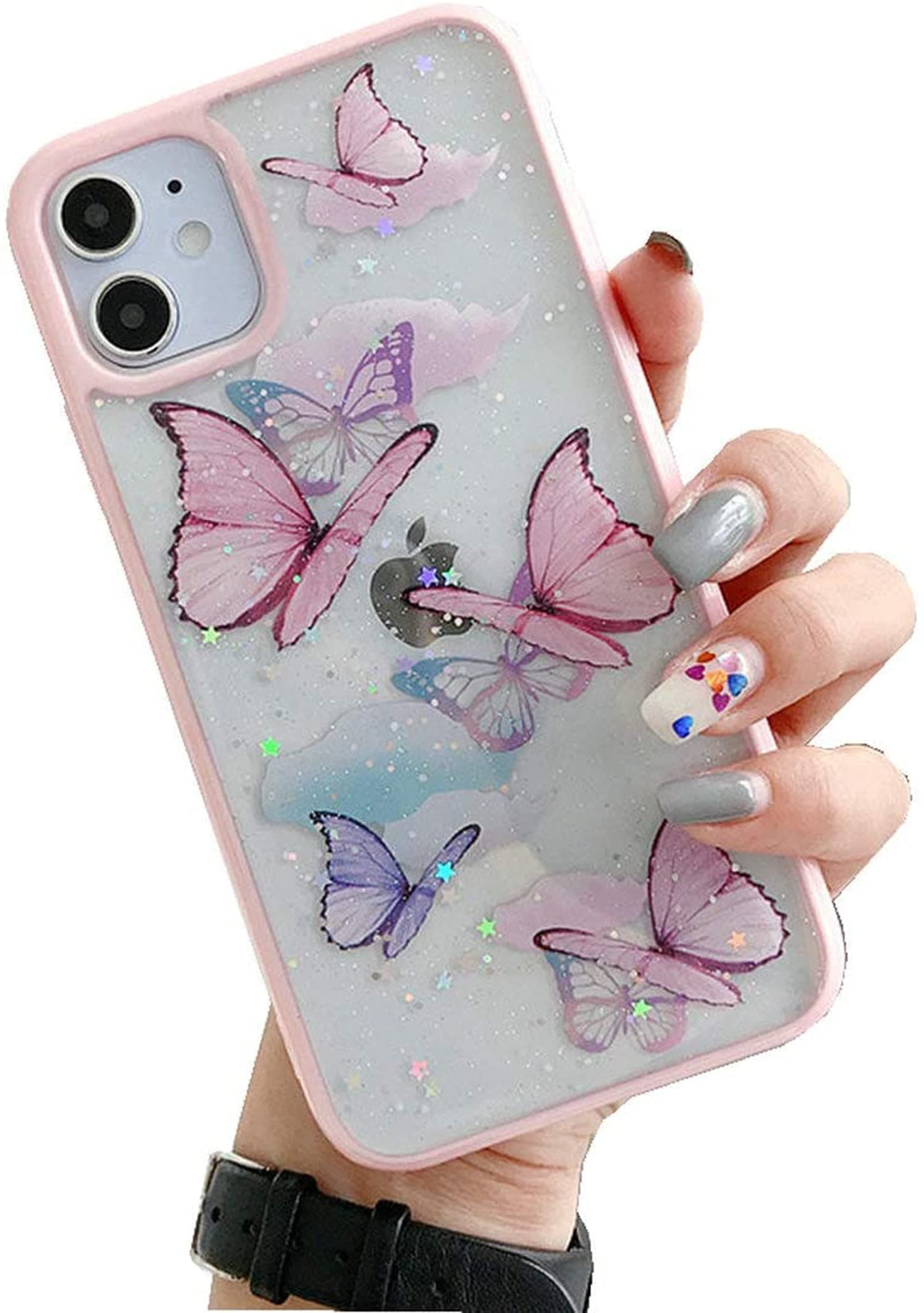 DELFINO Compatible with iPhone 12 Pro Max Butterfly Case, Cute Pretty Butterfly Glitter Shockproof Soft Silicone Clear Girls Women Cover Case Compatible with iPhone 12 Pro Max -Pink