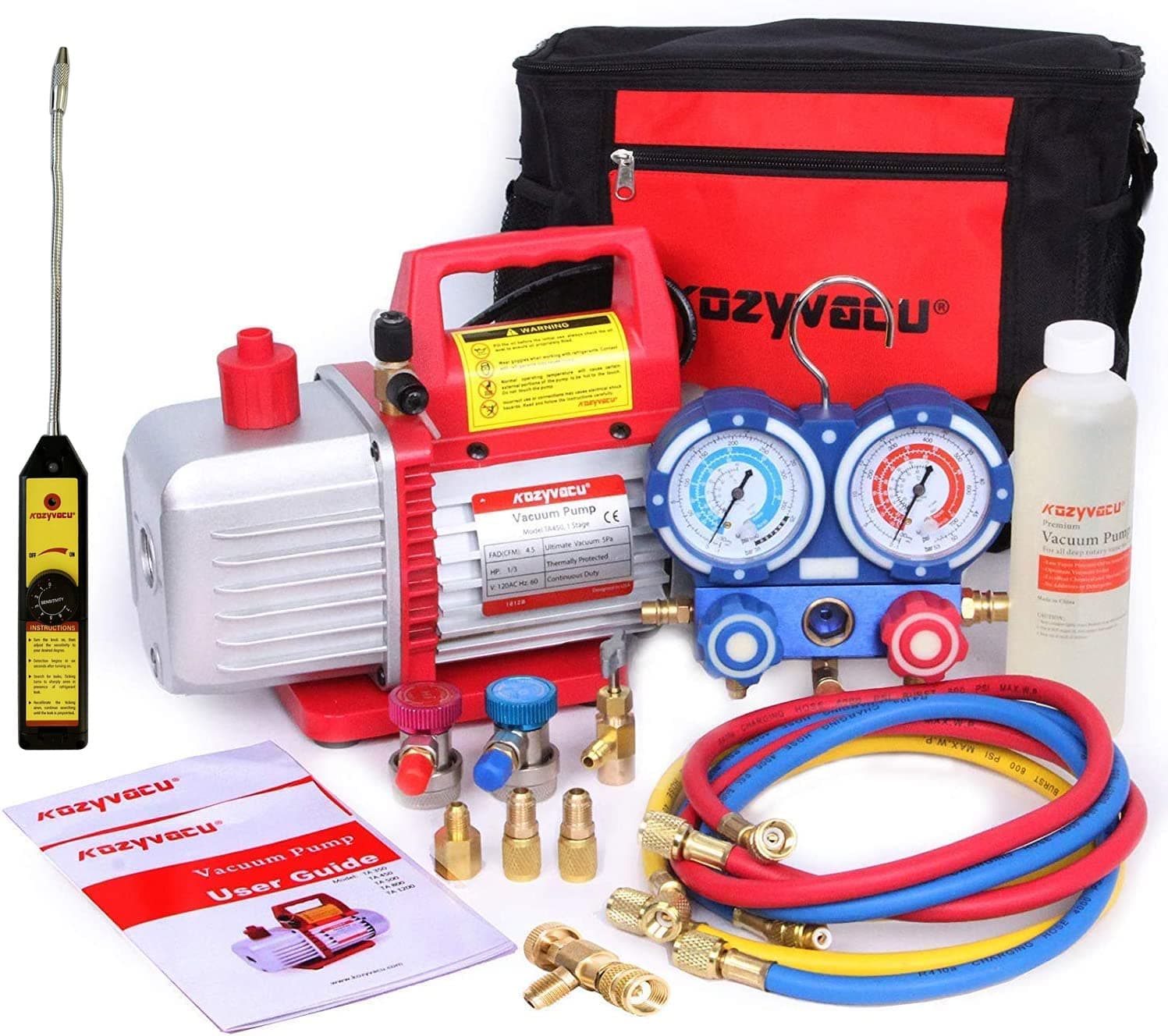 Kozyvacu Mini Split/HVAC/AUTO AC Repair Complete Tool Kit - with 1-Stage 4.5 CFM Vacuum Pump, Manifold Gauge Set, Hoses and Freon Leak Detector. Ideal for Mini Split, Automotive Refrigeration App