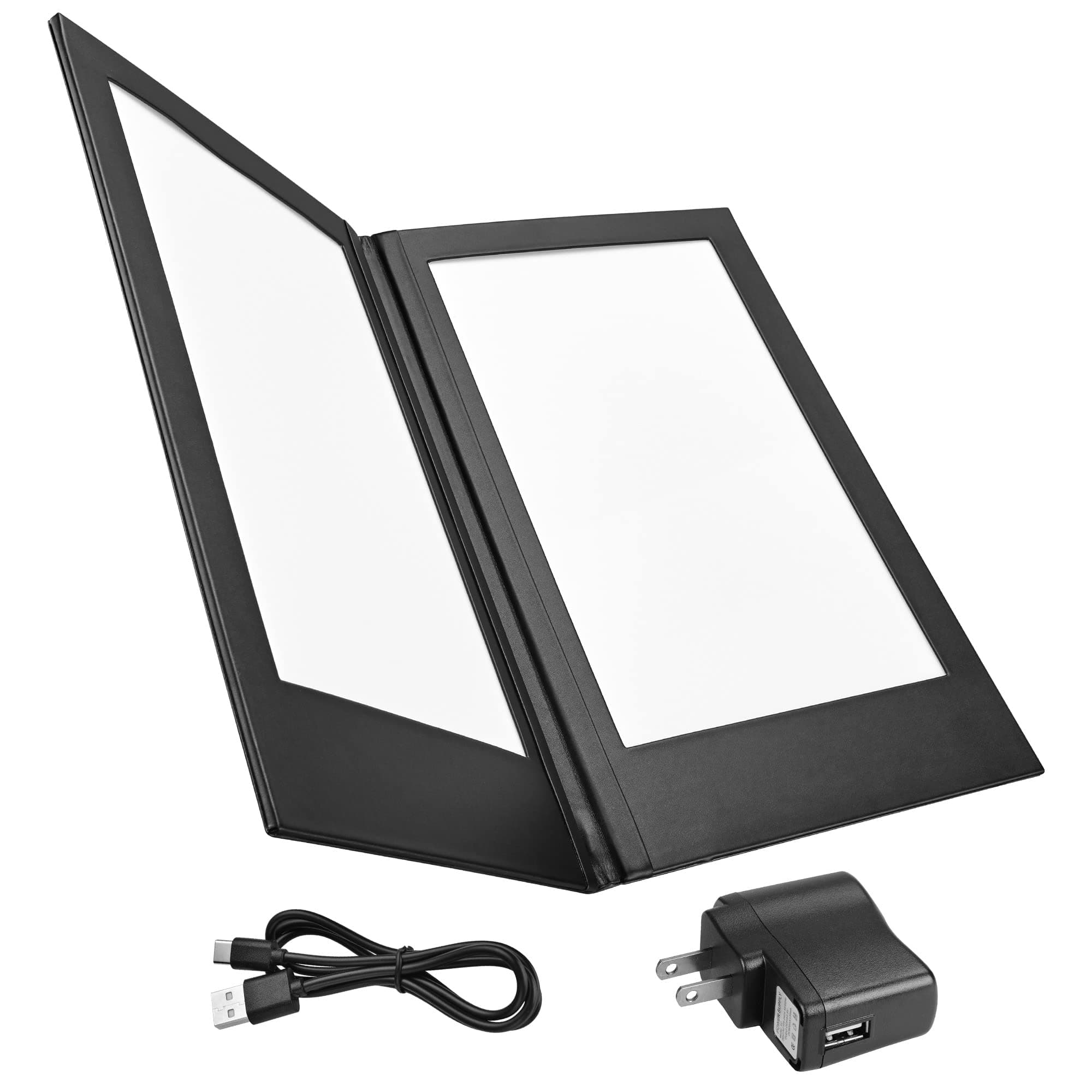 WeChef 2-Panel Book Style LED Backlit Illuminated Menu Holder 10"x17" Holder Check Sign Display Bar Leather Black
