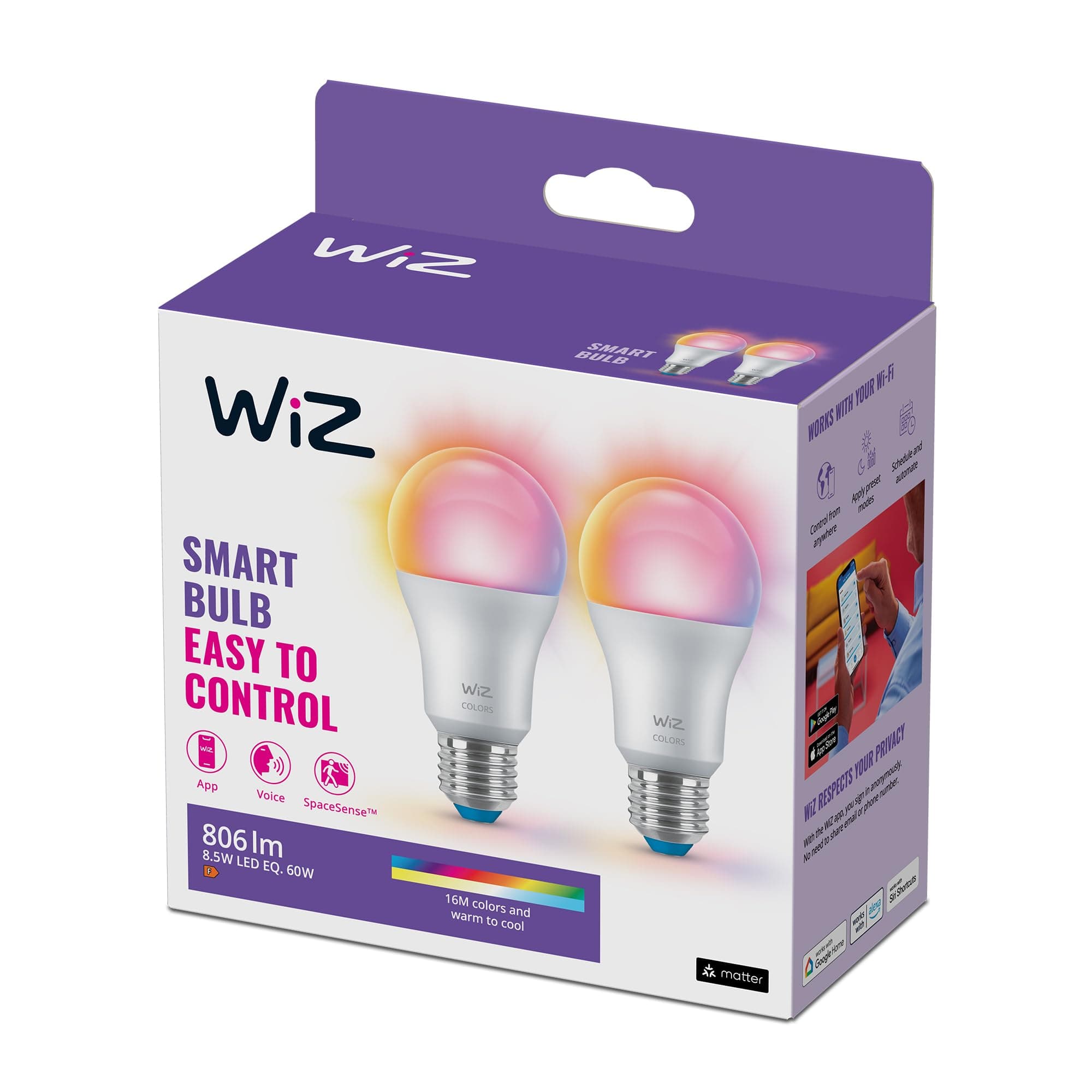 WiZ Smart Colour Bulb, E27, 8.5W, Tunable, Motion Sensor with App, Connected WiFi Works with Alexa, Google Assistant & HomeKit, App Control for Home Indoor Lighting, Bedroom, 2Pack