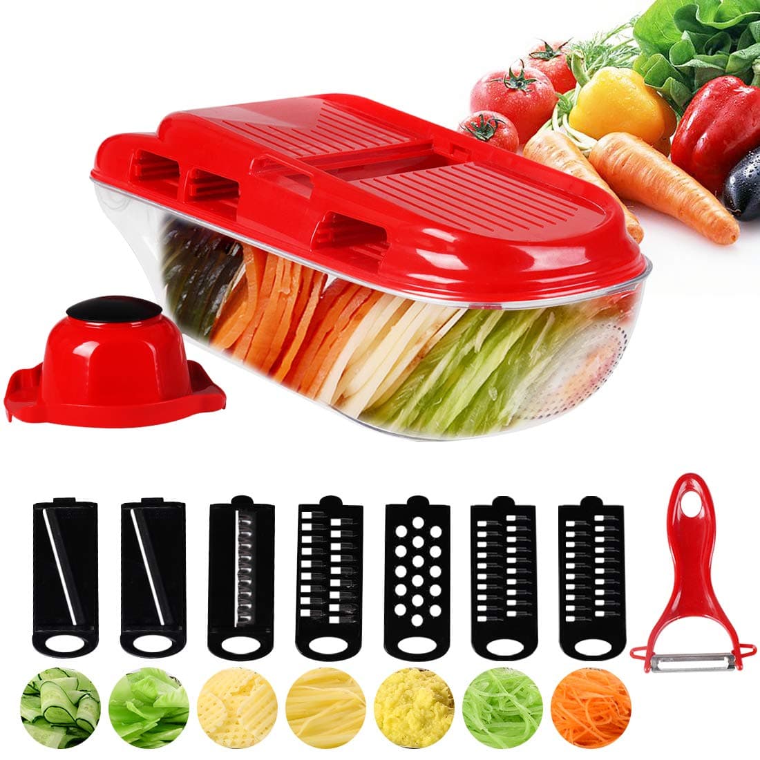 Migecon Manual Food Processor, Vegetable Chopper with Built-In Egg White Separator, Meat Mincer for Fruits,Vegetables,Meats,Nuts and Salad (Red)