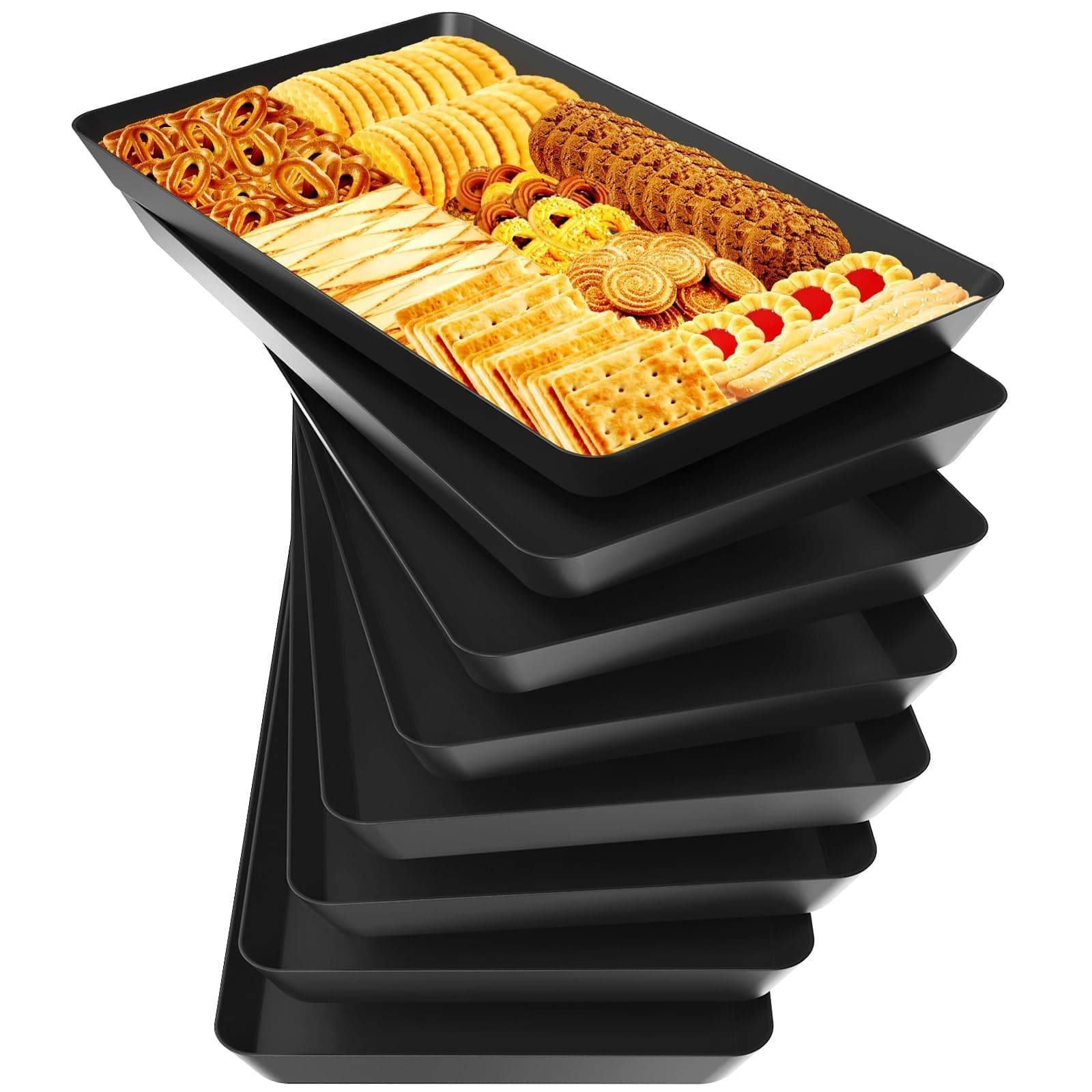 WOWBOX 8 pcs Serving Tray for Entertaining, Serving Platters for Snacks, Fruit, Cookies, Dessert, Reusable Plastic Trays for Serving Food and Pantry Organization in Kitchen & for Parties, (Black)