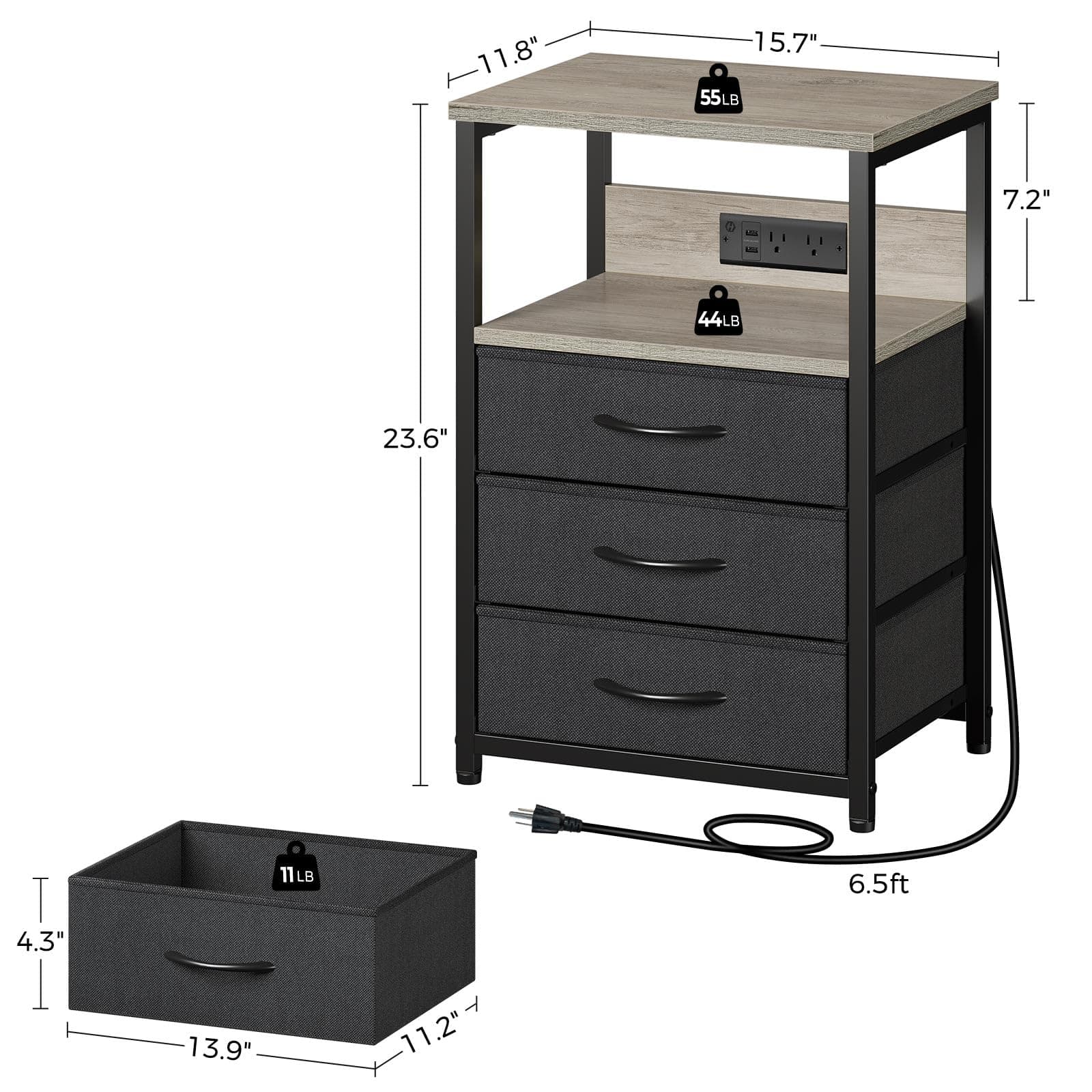 Seventable Nightstand with Charging Station and LED Light, Side Table with 3 Fabric Drawers, Bedside End Table with USB Ports and Outlets, Night Stand for Bedroom, Greige