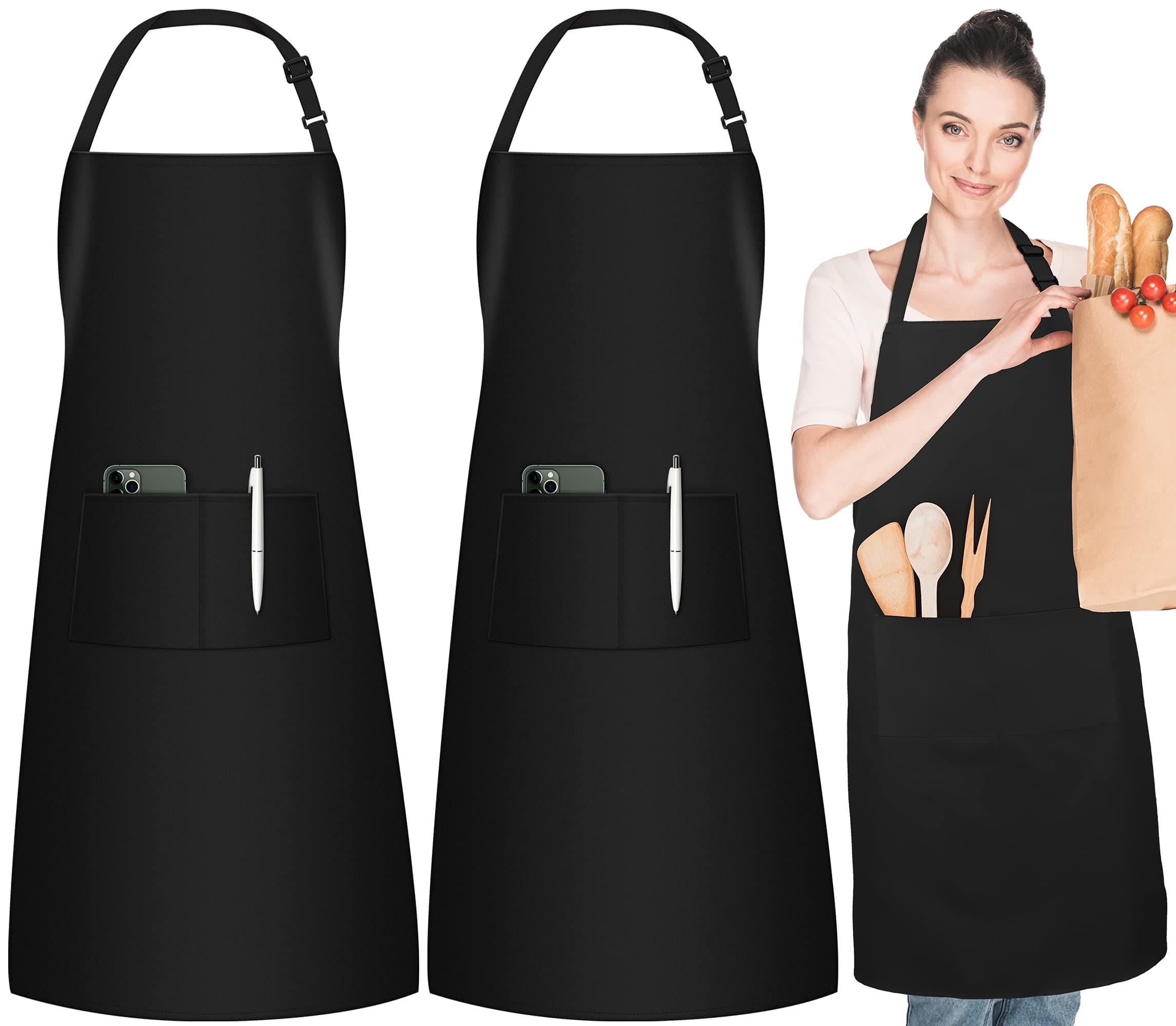 InnoGear 2 Pack Adjustable Bib Aprons, Waterdrop Resistant Apron with 2 Pockets Cooking Kitchen Restaurant Aprons for BBQ Drawing, Women Men Chef (Black)