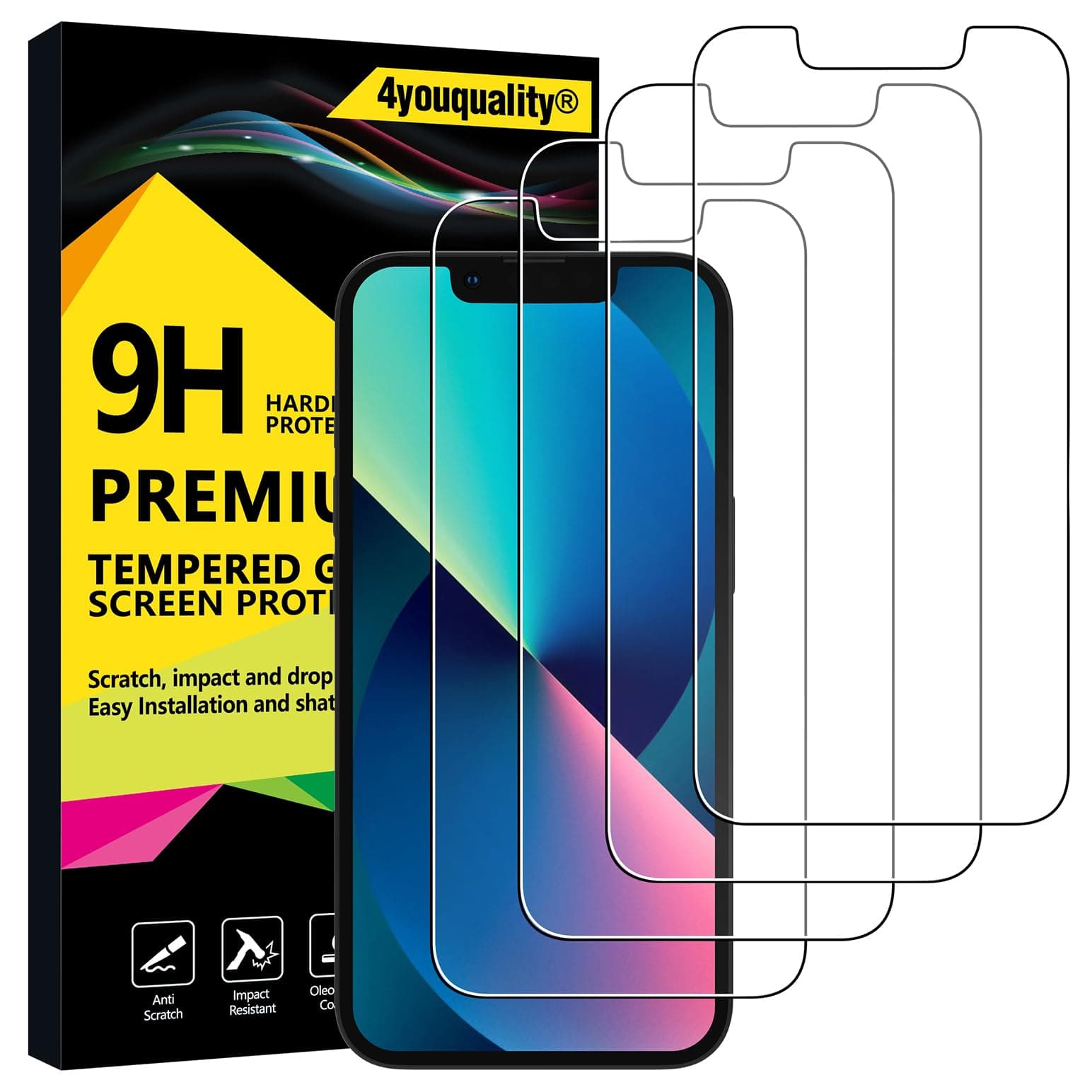 4youquality [FourPacks Screen Protector for iPhone 17e/16e, iPhone 14, iPhone 13 & 13 Pro 6.1-Inch, 9H Tempered Glass, Case Friendly, Impact Resistant, Shatterproof Design, 3D Touch, LifetimeSupport