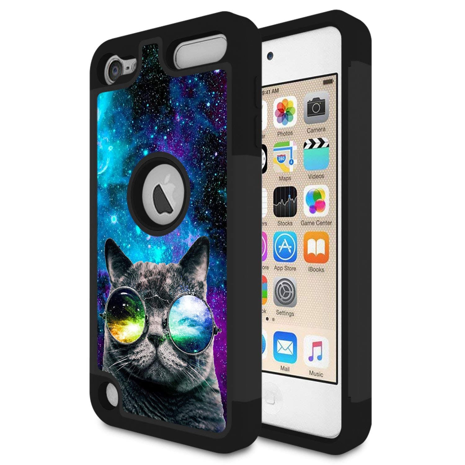 iPod Touch 6 Case,Touch 5 Case,Rossy Heavy Duty Hybrid TPU Plastic Dual Layer Armor Defender Protection Case Cover for Apple iPod Touch 5/6th,Galaxy Cat with Glasses