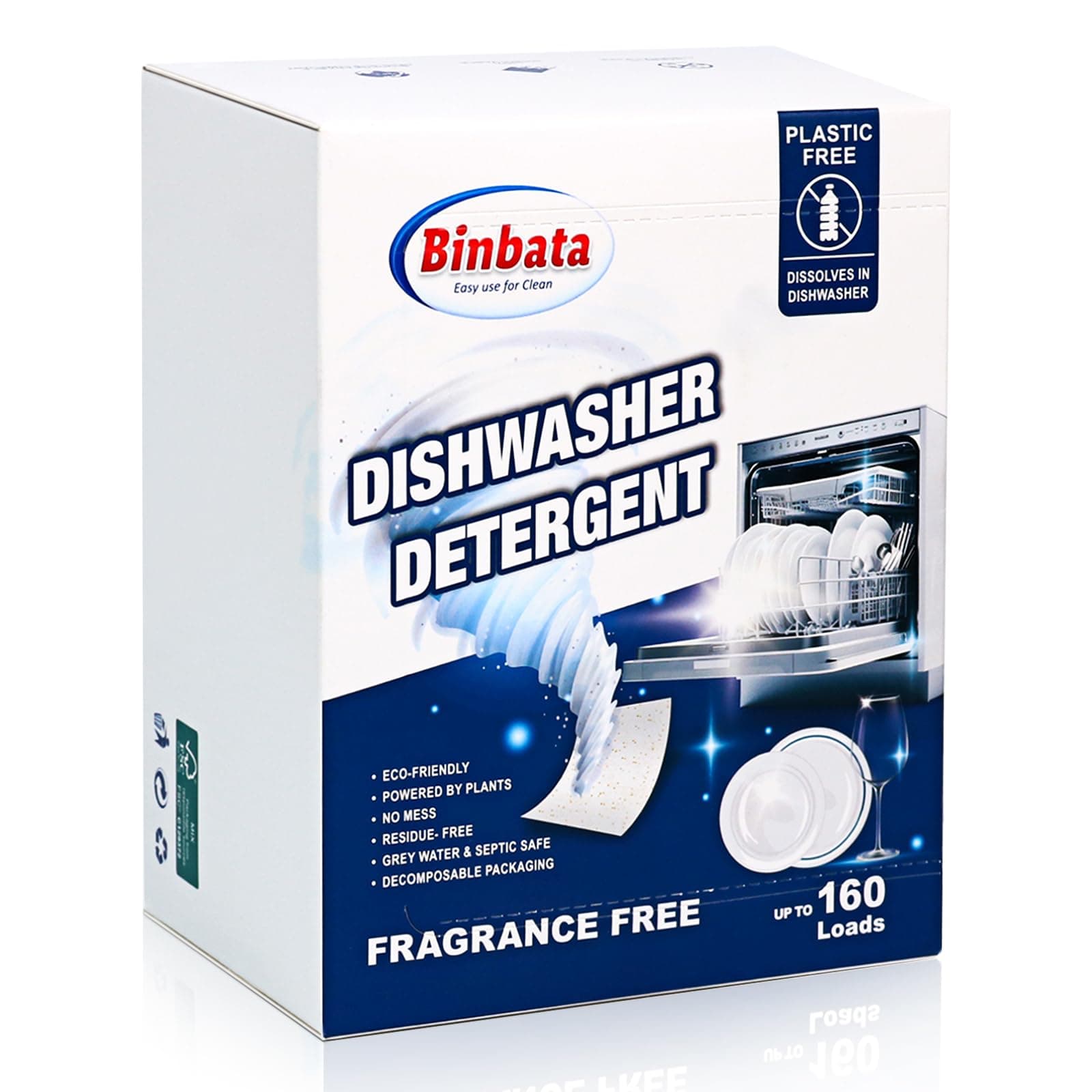 Binbata Eco Dishwasher Detergent Sheets Up To 160 Loads, Unscented Plastic Free Dishwashing Soap Strips With High Efficient Solid Enzyme, Leaving Dishes Sparkling Clean