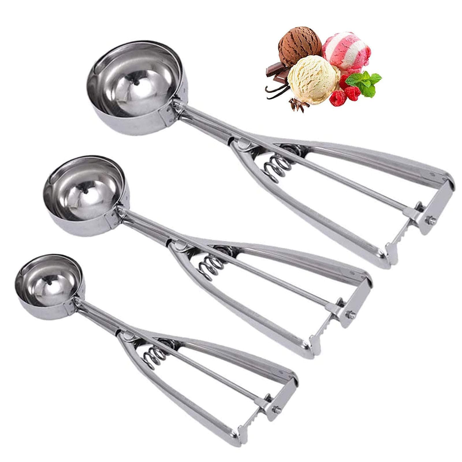 Cookie Scoop Set - Small/1 Tablespoon, Medium/2 Tablespoon, Large/3 Tablespoon - Ice Cream Scoop Set, 18/8 Stainless Steel Dough Scoop Cupcake Scoop Melon Baller (Scoop- 3set-(4mm-5mm-6mm))