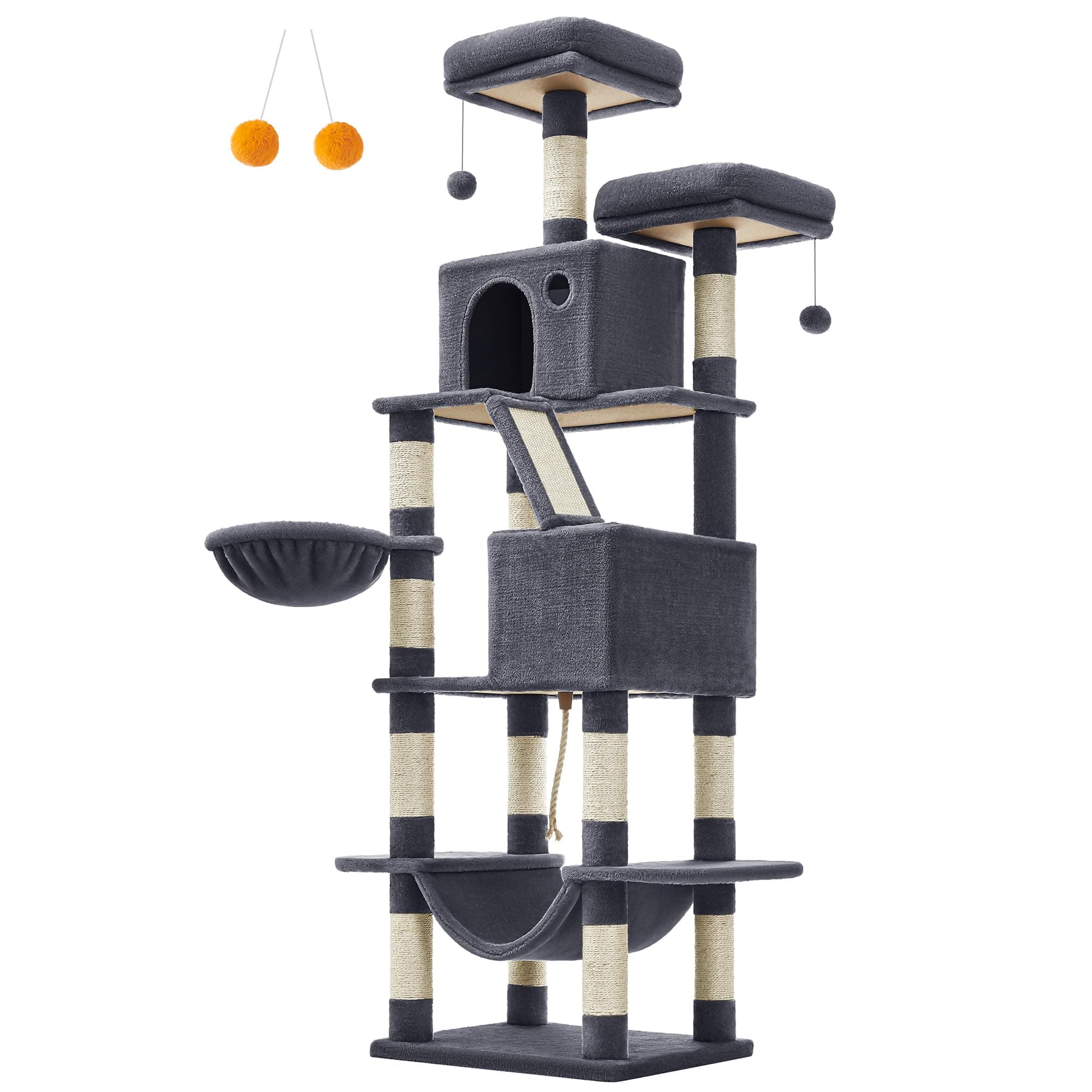 – Cat Tree, Height 206 cm, with 13 Scratching Posts, 2 Platforms, 2 Caves, Basket, Hammock, Pompom, Plush Fabric, Multi-Levels for Indoor Cats, Dark Grey PCT190G01