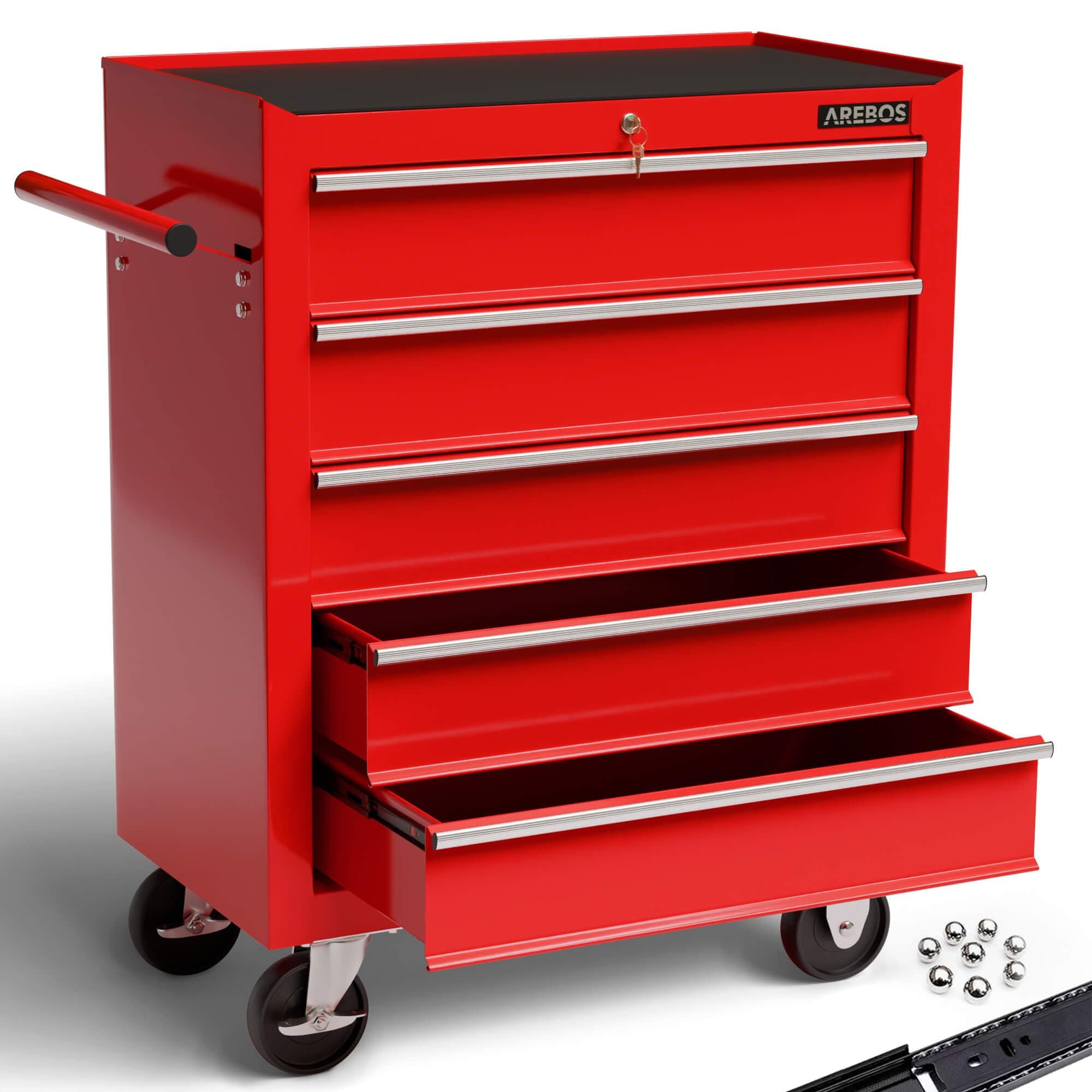 Workshop trolley 5 compartments | Tool Cabinet on Wheels | with 5 Drawers | Lockable| incl. anti-slip mats | 2 castors with parking brake (red)