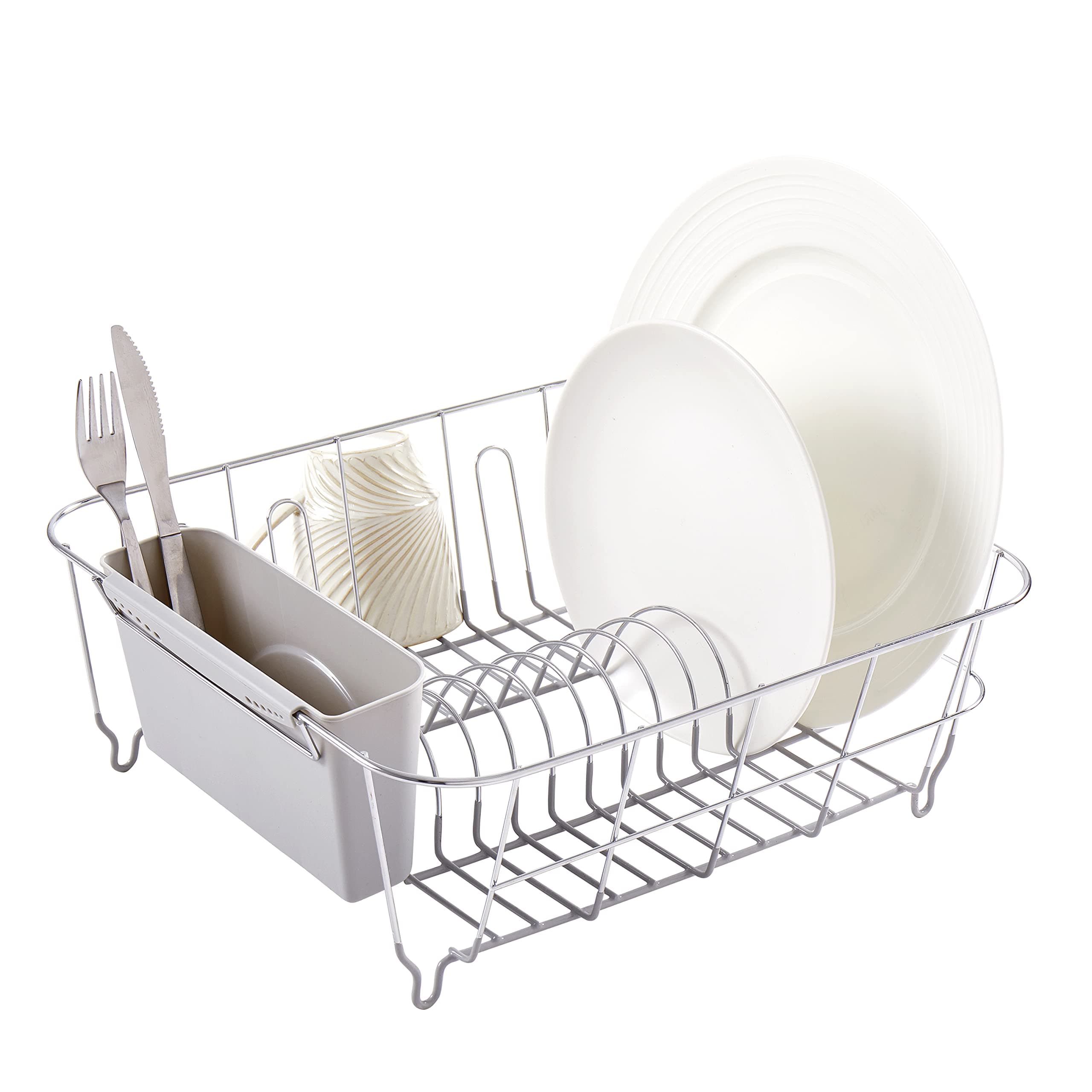 Dish Drying Rack & Cutlery Holder 2 Piece Set - Compact Sink-Fitting Dish Drainer with Rubberized Undercoating, Space-Saving Kitchen Organizer for Plates, Cups, Bowls & Utensils in Sink, Silver