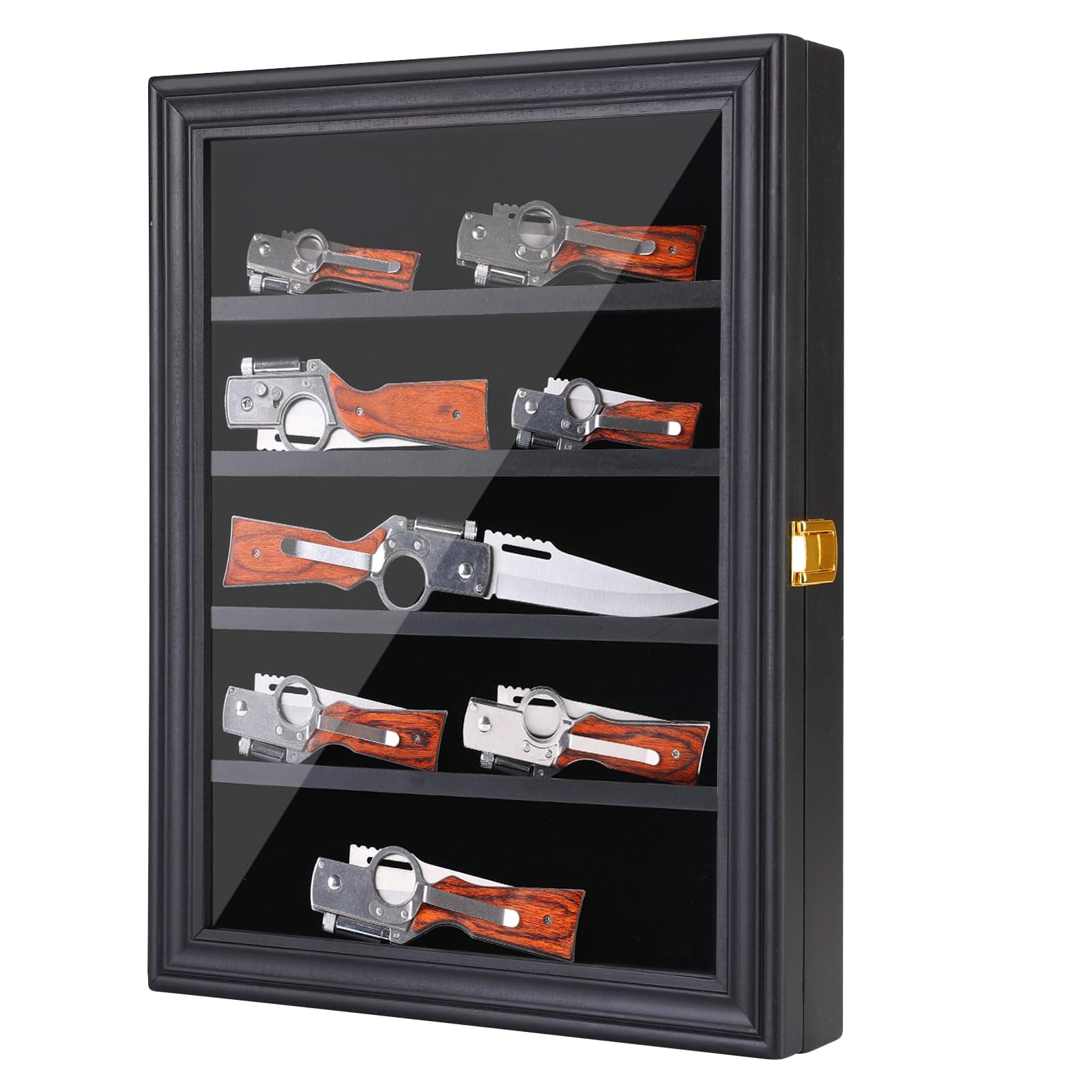 Knife Display Case 5 Rows Pocket Knife Display Cases for Collections Stand Military Folding Knife Shadow Box Wall Cabinet with UV Protection Acrylic Lockable, Black