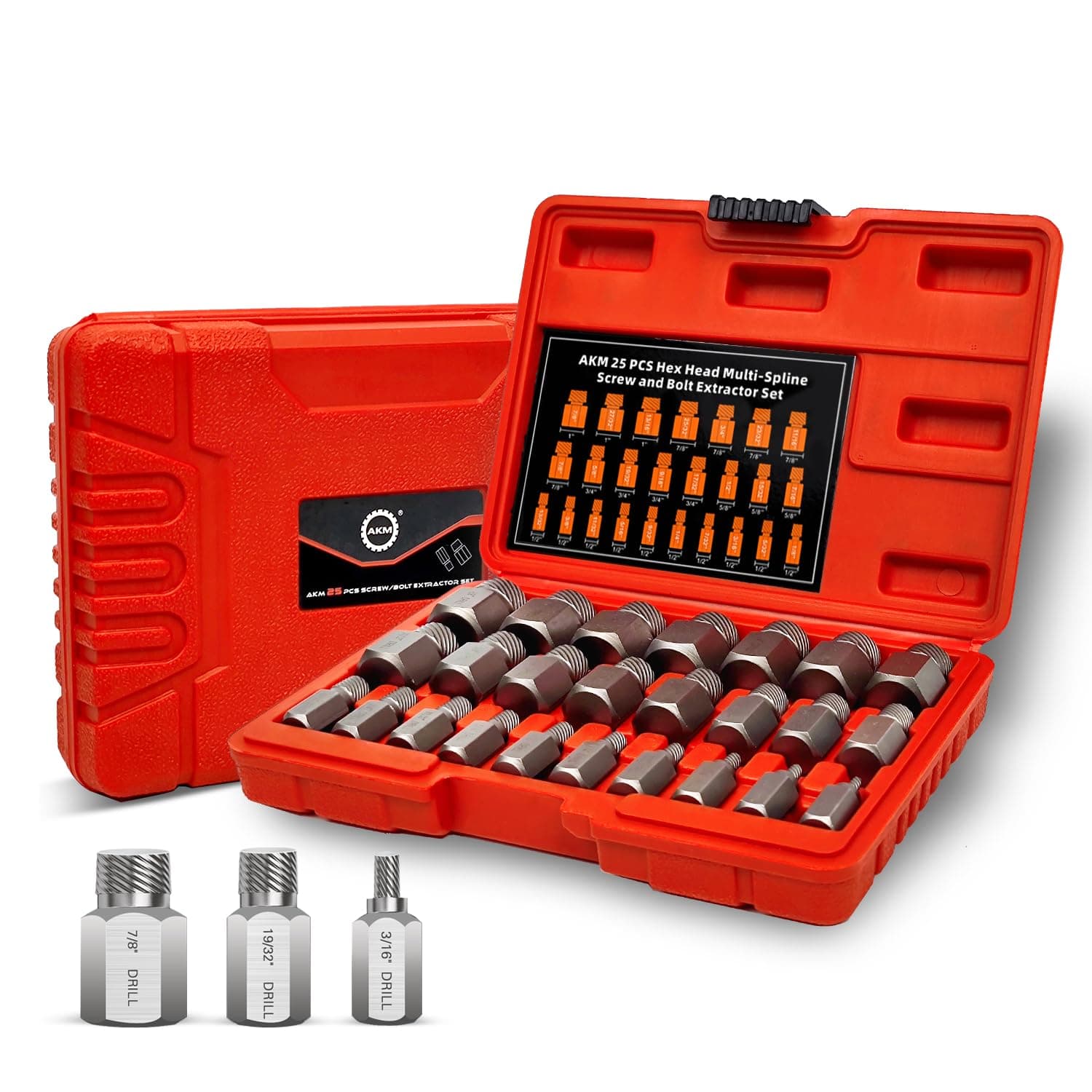 AKM25Pcs Screw Extractor Set, Hex Head Multi-Spline Easy Out Bolt Extractor Set, Chrome Molybdenum Alloy Steel Rounded Bolt Remover