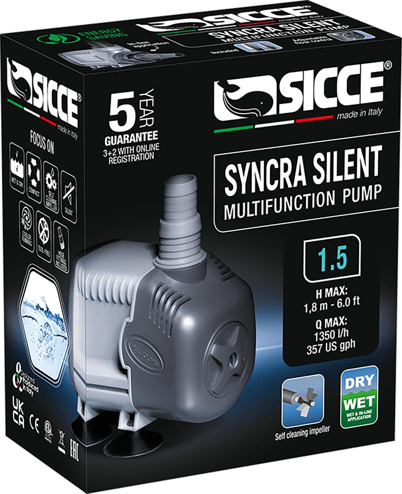 SICCE Syncra Silent 1.5 Multifunction 357 GPH Submersible Water Pump | Italian Made 23W Ultra Quiet Durable Aquarium Fish Tank, Fountain, Pond, Hydroponics, Terrarium Black | Freshwater & Saltwater