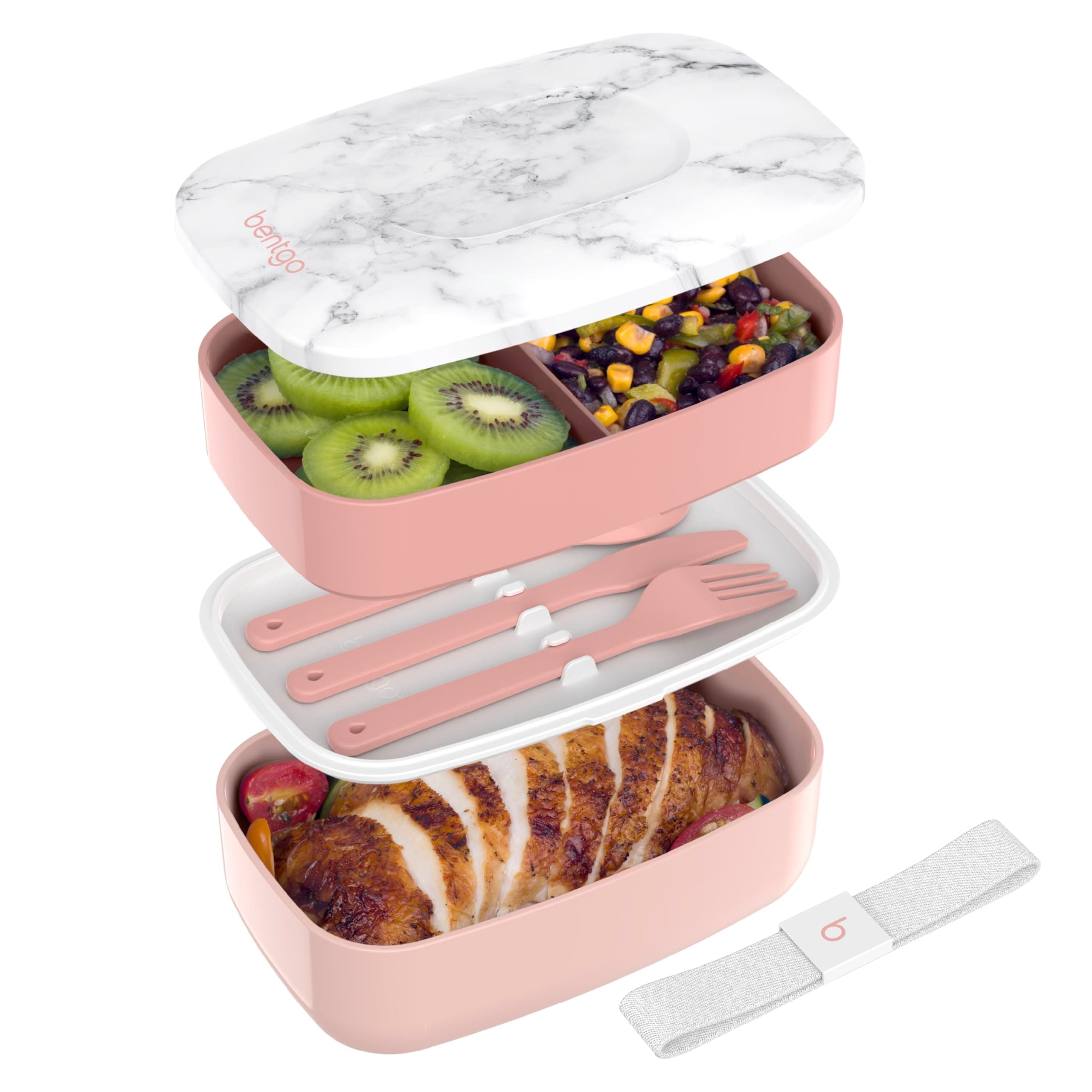 Classic - All-in-One Stackable Bento Lunch Box Container - Modern Bento-Style Design Includes 2 Stackable Containers, Built-in Plastic Utensil Set, and Nylon Sealing Strap (Blush Marble)