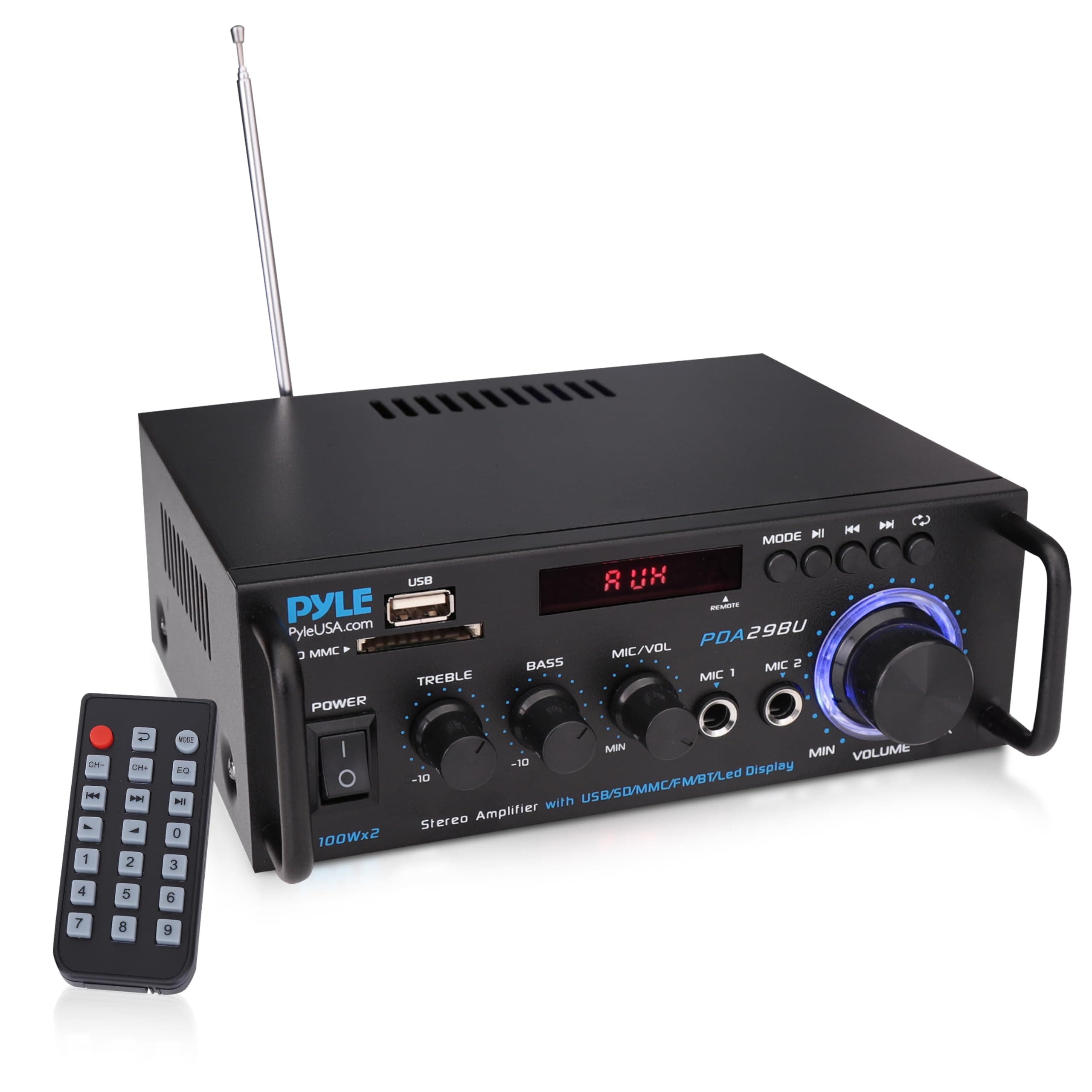 Pyle 200W Stereo Amplifier with Bluetooth, Dual Channel Audio Receiver, LED Display, RCA, USB, SD, Mic, FM Radio, AUX Input, Perfect for Home Audio and Computer, PDA29BU.5
