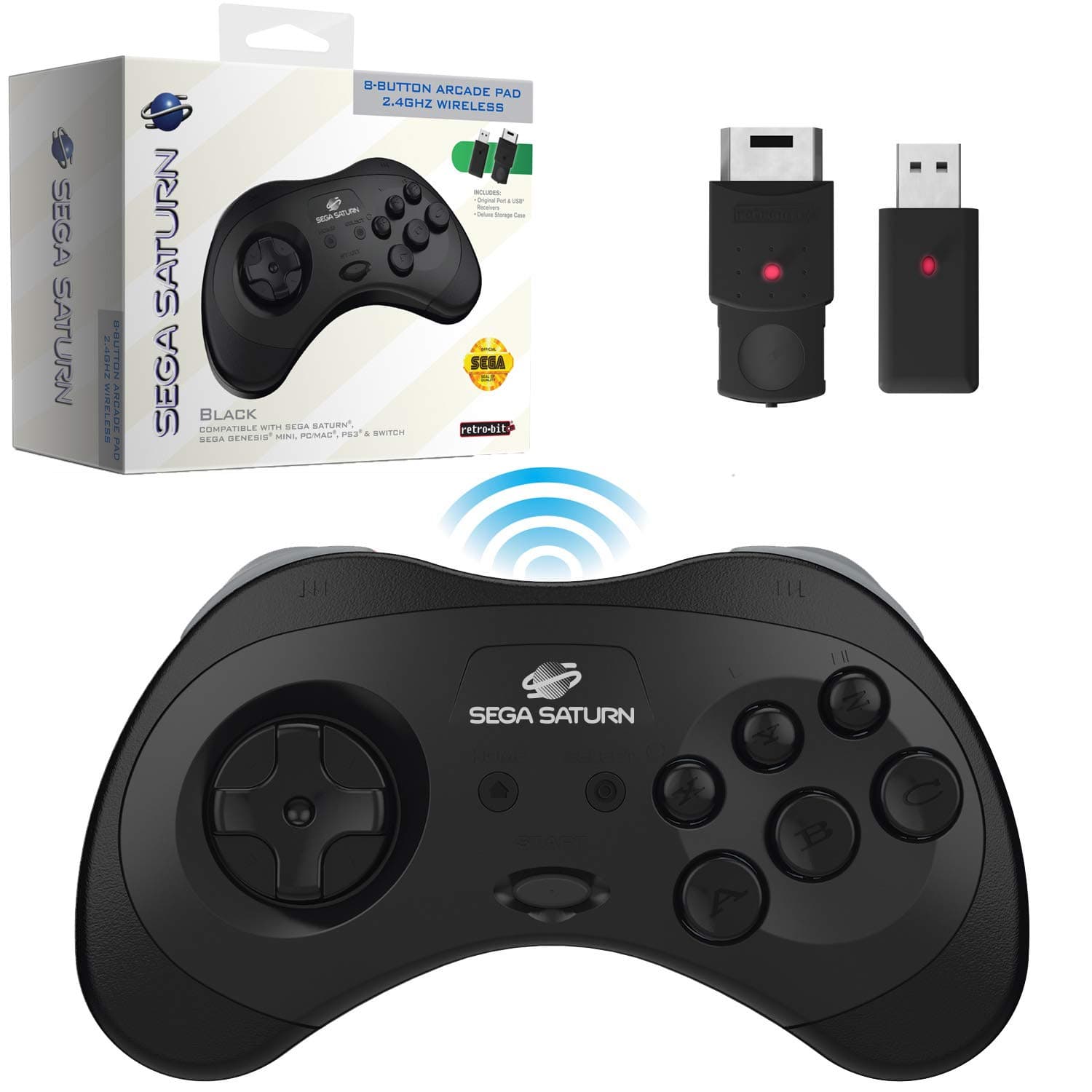 Retro-Bit Official Sega Saturn 2.4 GHz Wireless Controller 8-Button Arcade Pad for Saturn, Genesis Mini, Switch, PS3, PC, Mac - 2 Receivers & Storage Case (Black)