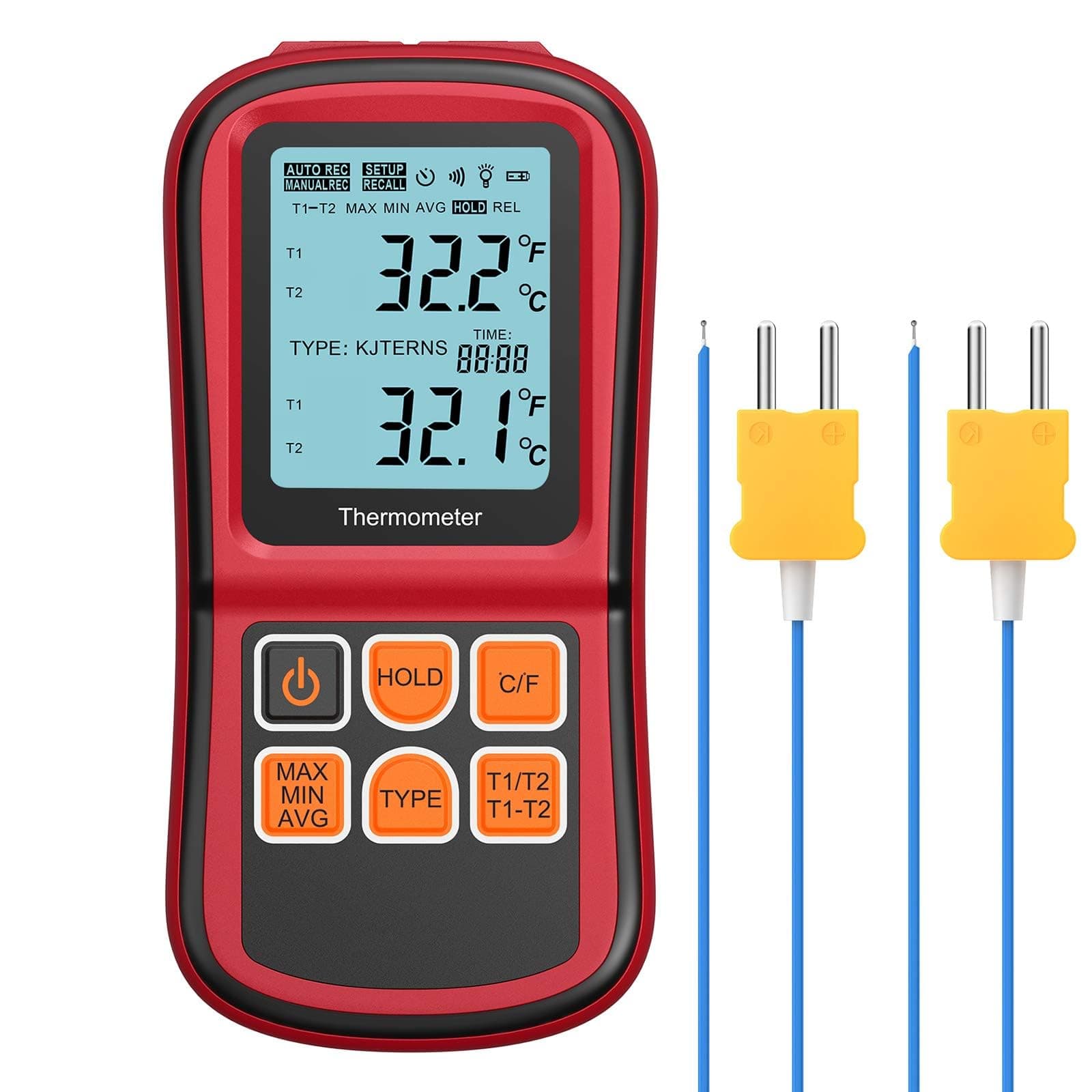 Kamtop Digital Thermometer Dual Channel Thermometer with Two K- Type Thermocouples Temperature Meter with LCD Backlight for K/J/T/E/R/S/N Thermocouple