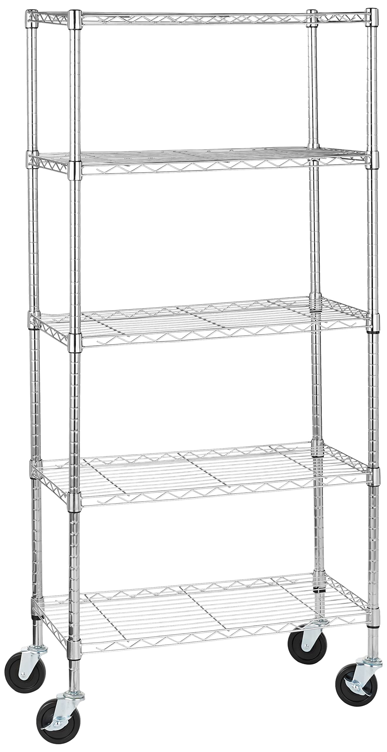 – Amazon Basics 5-Shelf Medium Storage Unit on 10.16-cm Casters With Height Adjustable Shelves & Levelling Feet, 680 kg Max Weight, Chrome, 35.6 cm D x 76.2 cm W x 164.5 cm H