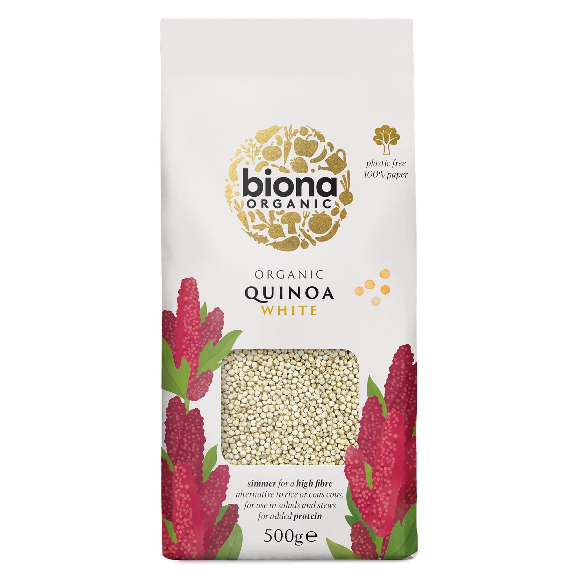 Organic White Quinoa, 500g - Organically Grown Without GMOs -Wheat-free Alternative - Naturally Vegan & High in Fibre - Sustainable 100% Recyclable Paper Packaging -For Salads, Stews and Cooking
