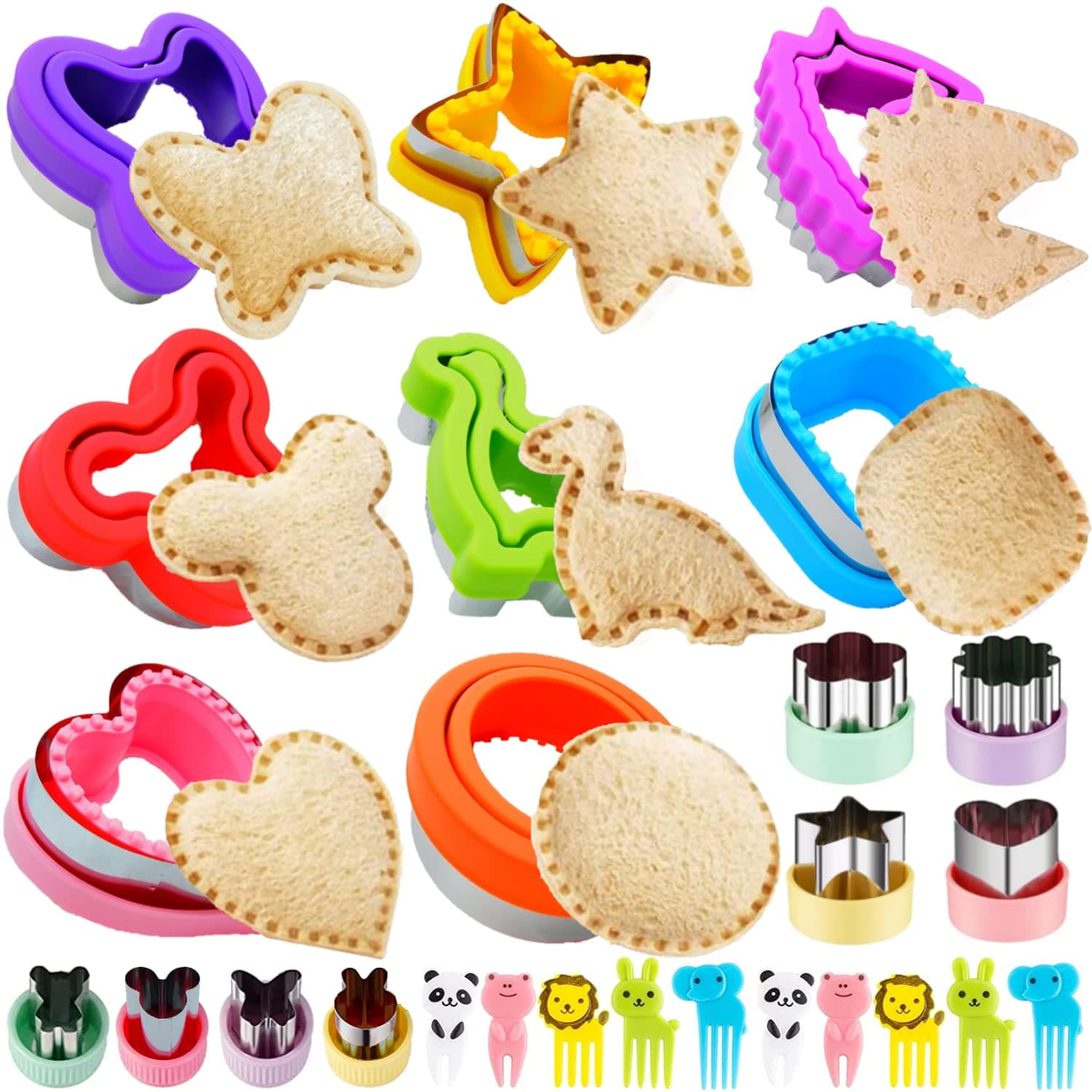 26Pcs Sandwich Cutter and Sealer Set, Uncrustable Sandwich Cutters, Cookie Fruit Cutter Shapes, Lunch Bento Box Accessories with Square Heart Dinosaur Unicorn etc