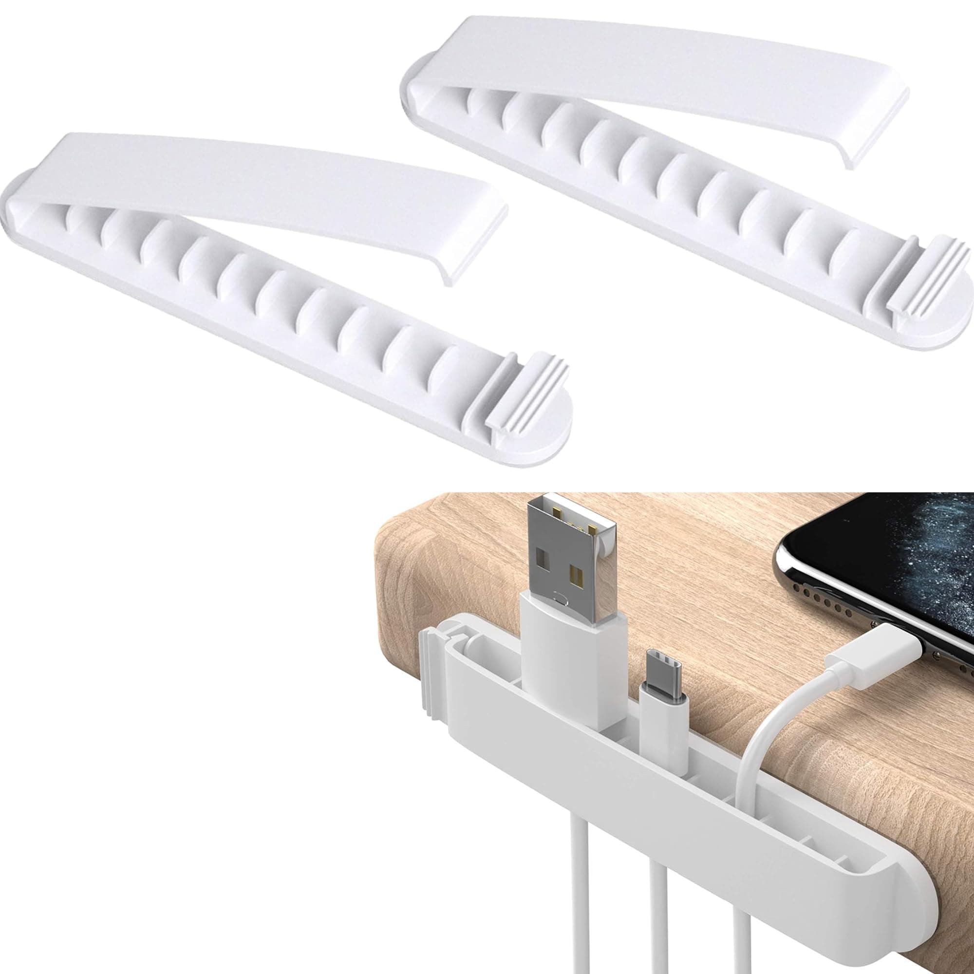 PYLCO SMART 2 Pack Cable Organizer - 11-Slots White Cable Holder, 8cm Length, Self-Adhesive, Polycarbonate, Desk Wire Holder