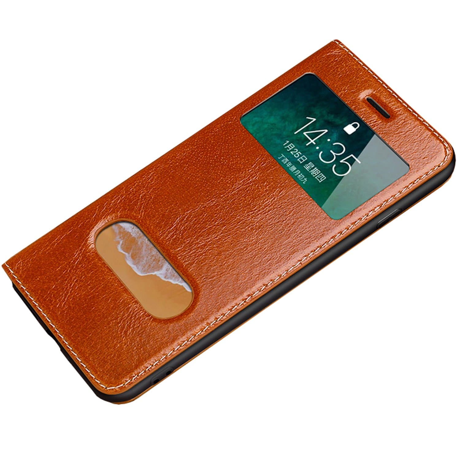 for iPhone Xs MAX Case, Ultra Thin Flip Cover Case Dual Window View Stand Feature Genuine Leather Phone Case for Apple iPhone Xs MAX 6.5inch (Brown, XS MAX)