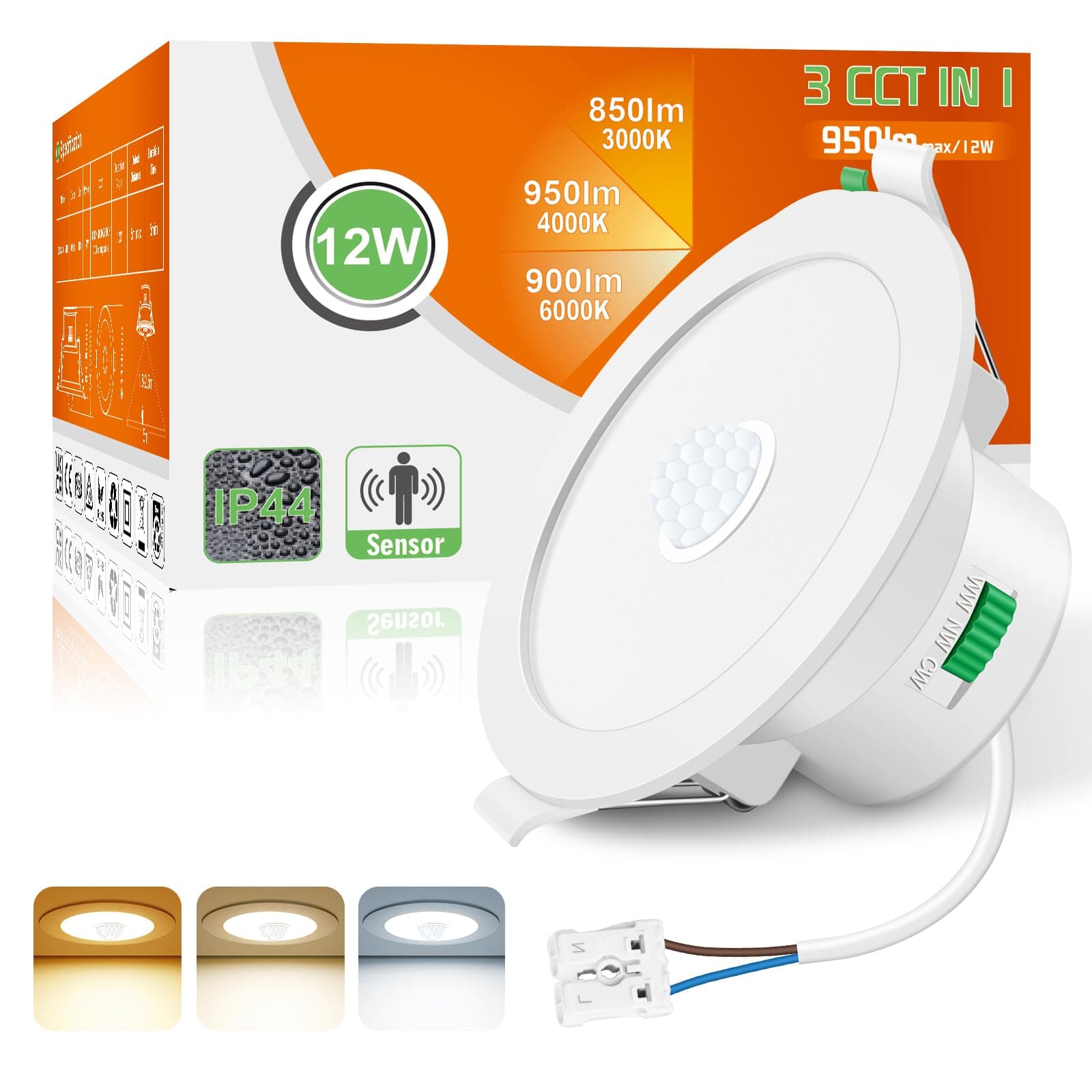 ALUSSO LED Downlights Ceiling with Motion Sensor, 12W 950LM PIR Recessed Ceiling Lights, 3000K Warm 4000K Neutral 6500K Cool Adjustable IP44 Bathroom Spotlights, 1 Pack