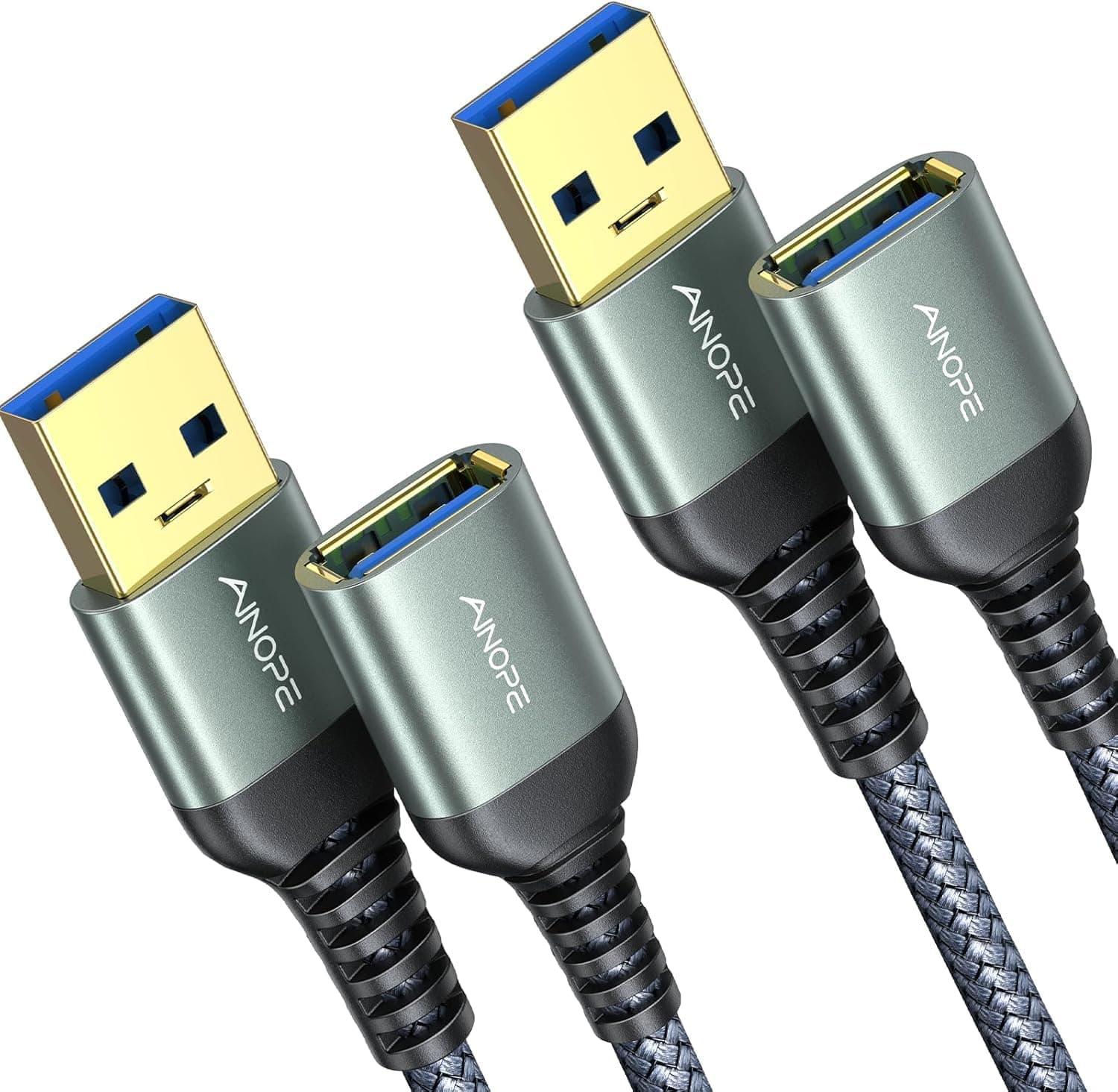 2 Pack USB Extensions Cable High Speed USB 3.0 Extension Cord Type A Male to Female Sturdy Braided Material Fast Data Transfer Compatible with USB Keyboard,Mouse,Flash Drive,Grey,3.3FT+3.3FT