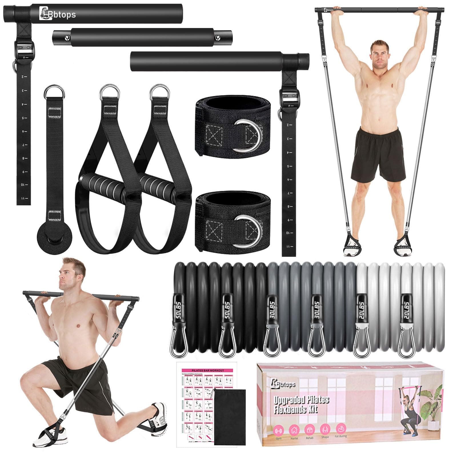 Pilates Bar Kit with Resistance Bands,Pilates Bar with Stackable Bands Workout Equipment for Legs,Hip,Waist and Arm,Exercise Fitness Equipment for Women & Men Home Gym Yoga Pilates