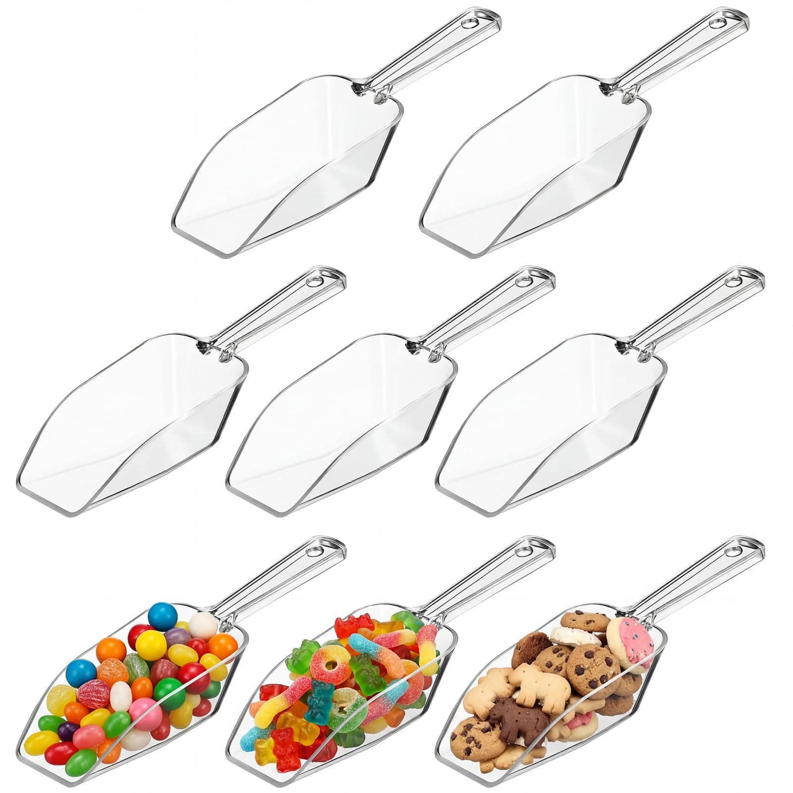 8 Pcs Multi Purpose Clear Plastic Scoops for Candy Buffet Acrylic Kitchen Ice Food Popcorn Scoops for Protein Powders, Ice Cream, Coffee, Tea Jar (6.7 Inch)