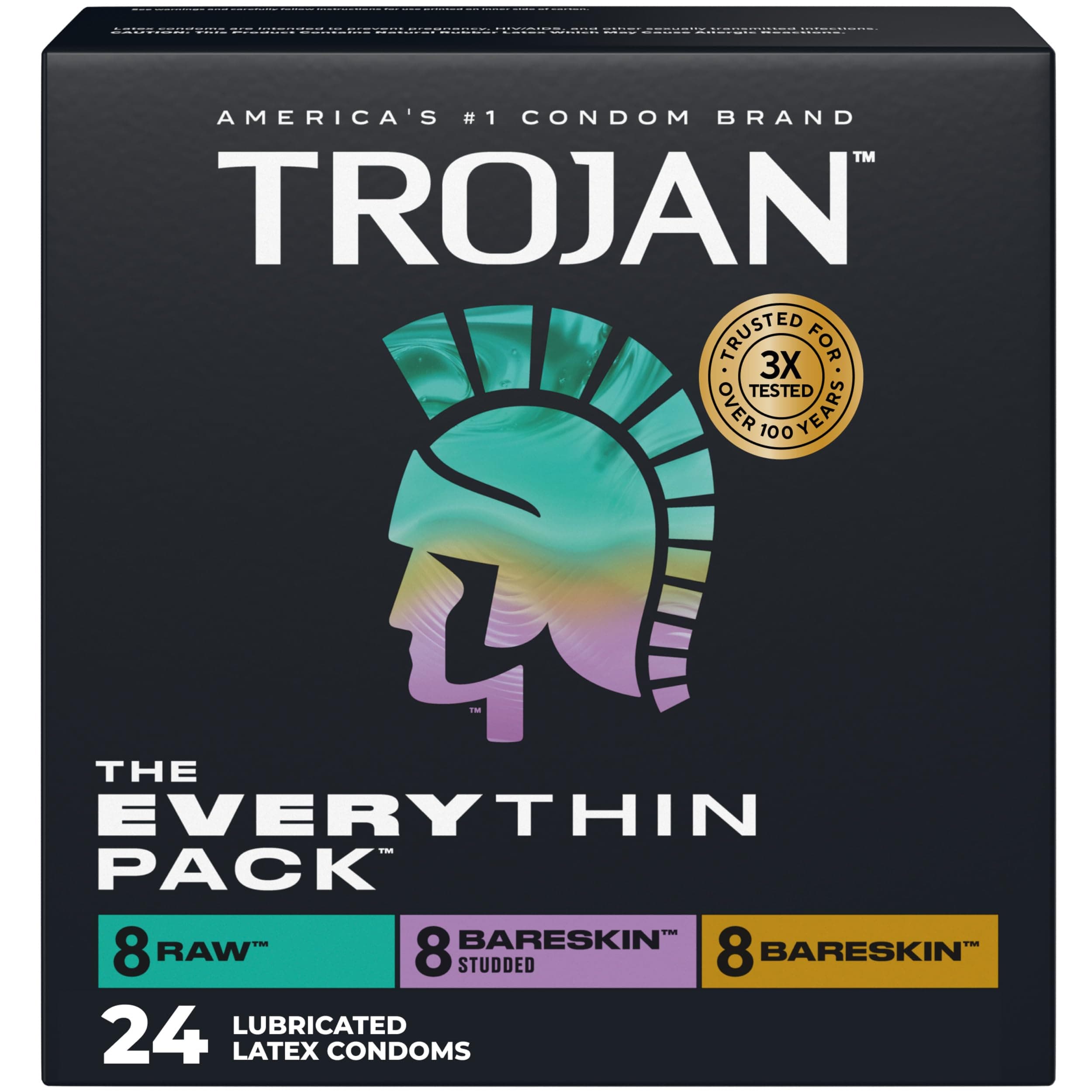 The Everythin Pack, Assorted Latex Lubricated Thin Condoms Variety Pack, Raw, Bareskin, Bareskin Studded, Premium Latex to Help Reduce Risk of Pregnancy and STIs, 24 Count