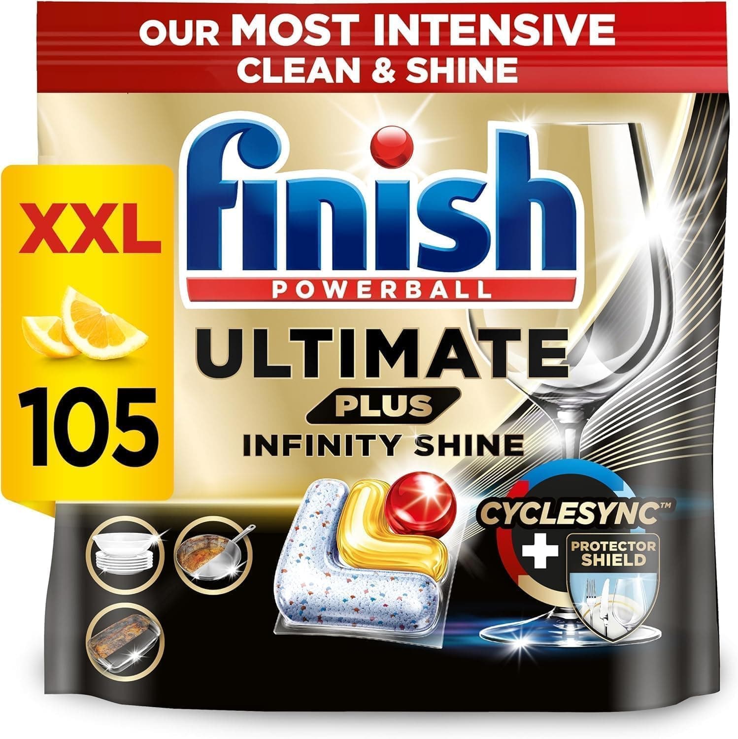Dishwasher Tablet, Ultimate Plus Infinity Shine, 105 Detergent Tablets, Lemon Sparkle, Tough on Grease, For our Most Intensive Clean & Diamond Shine, Effective for Short Eco Cycle