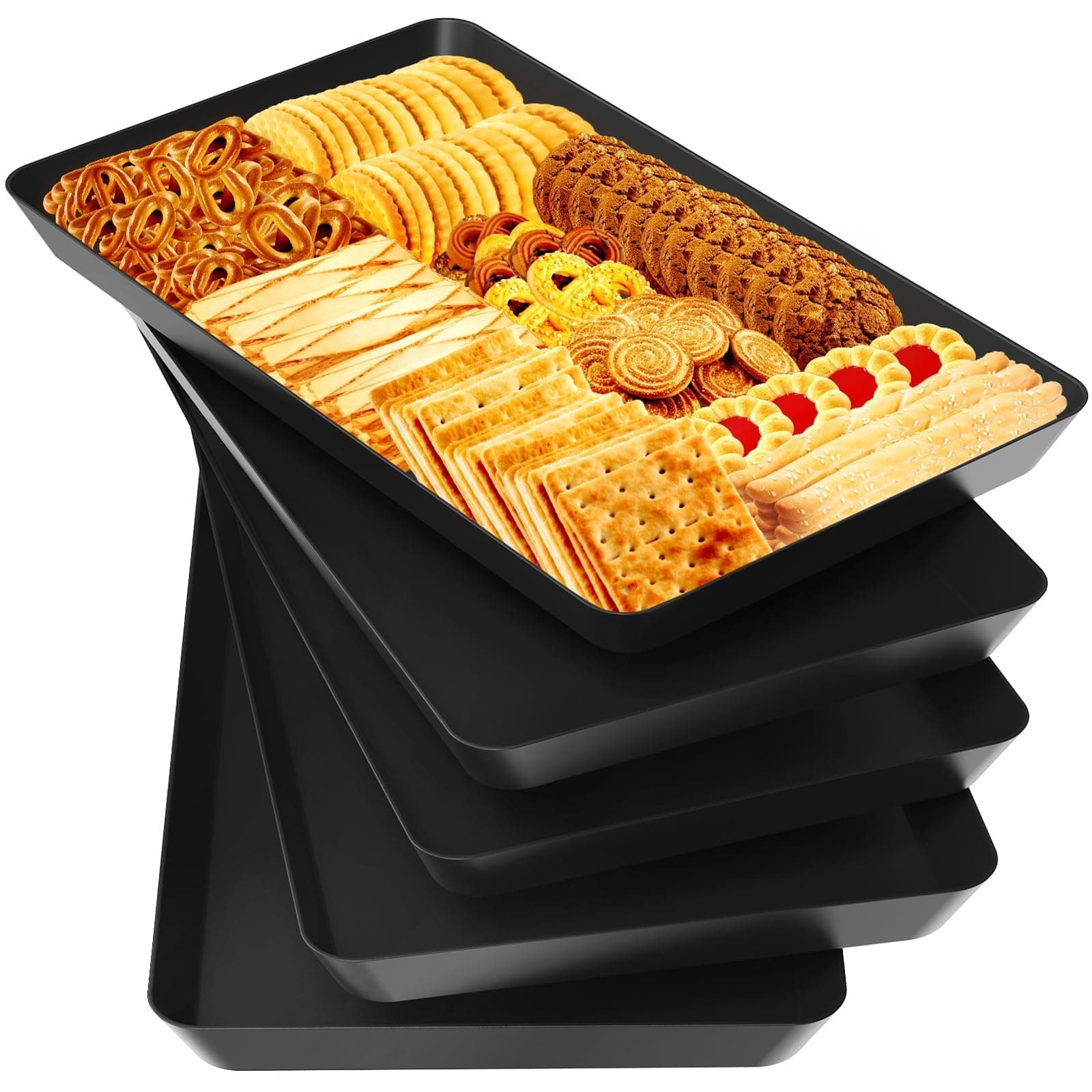 WOWBOX 5 pcs Serving Tray for Entertaining, Serving Platters for Snacks, Fruit, Cookies, Dessert, Reusable Plastic Trays for Serving Food and Pantry Organization in Kitchen & for Parties, (Black)