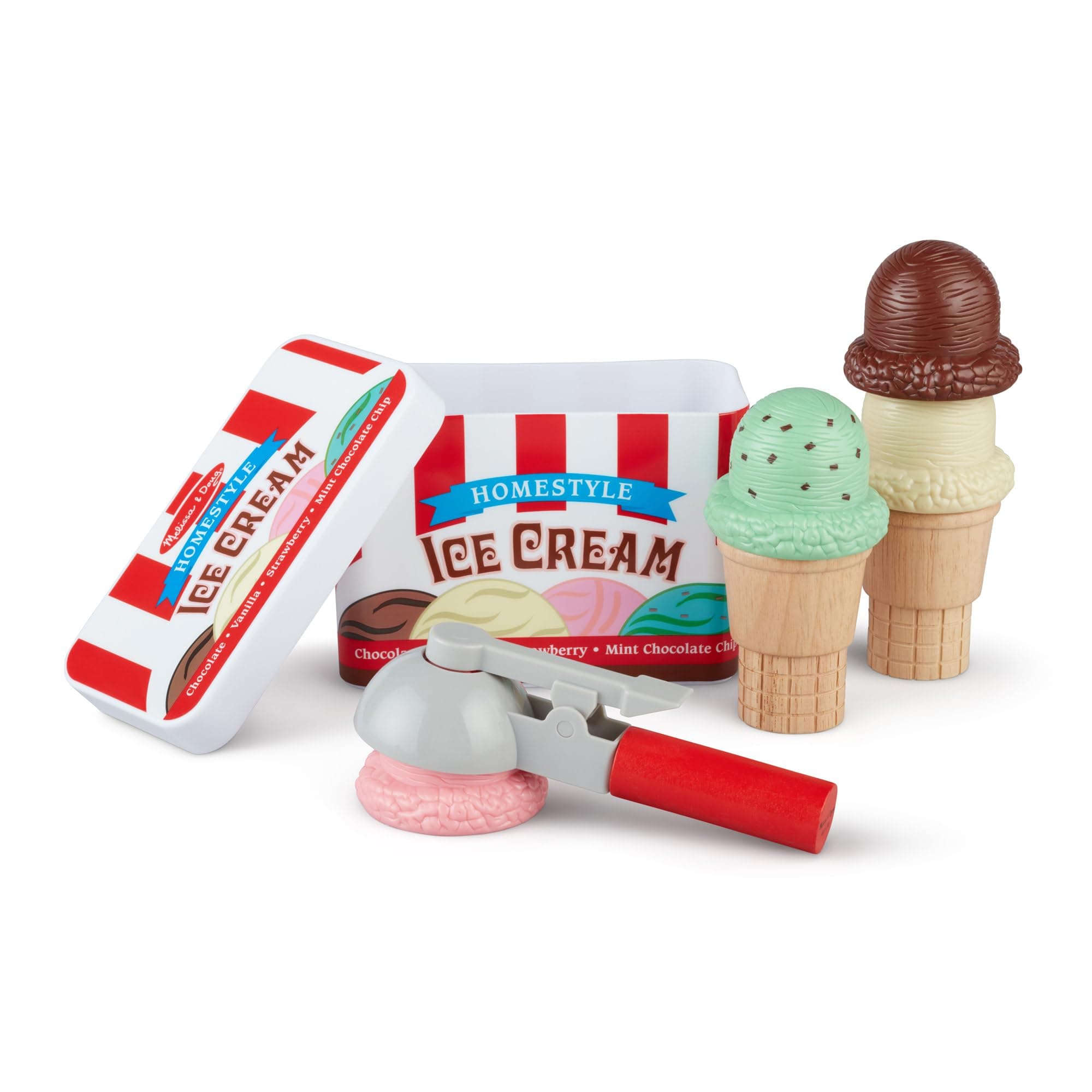 Scoop & Stack Ice Cream Cone Playset – 10-Piece Wooden Pretend Play Food Set with Magnetic Scooper, Colorful Scoops, Wooden Cones & Storage – Toy for Kids Ages 3+