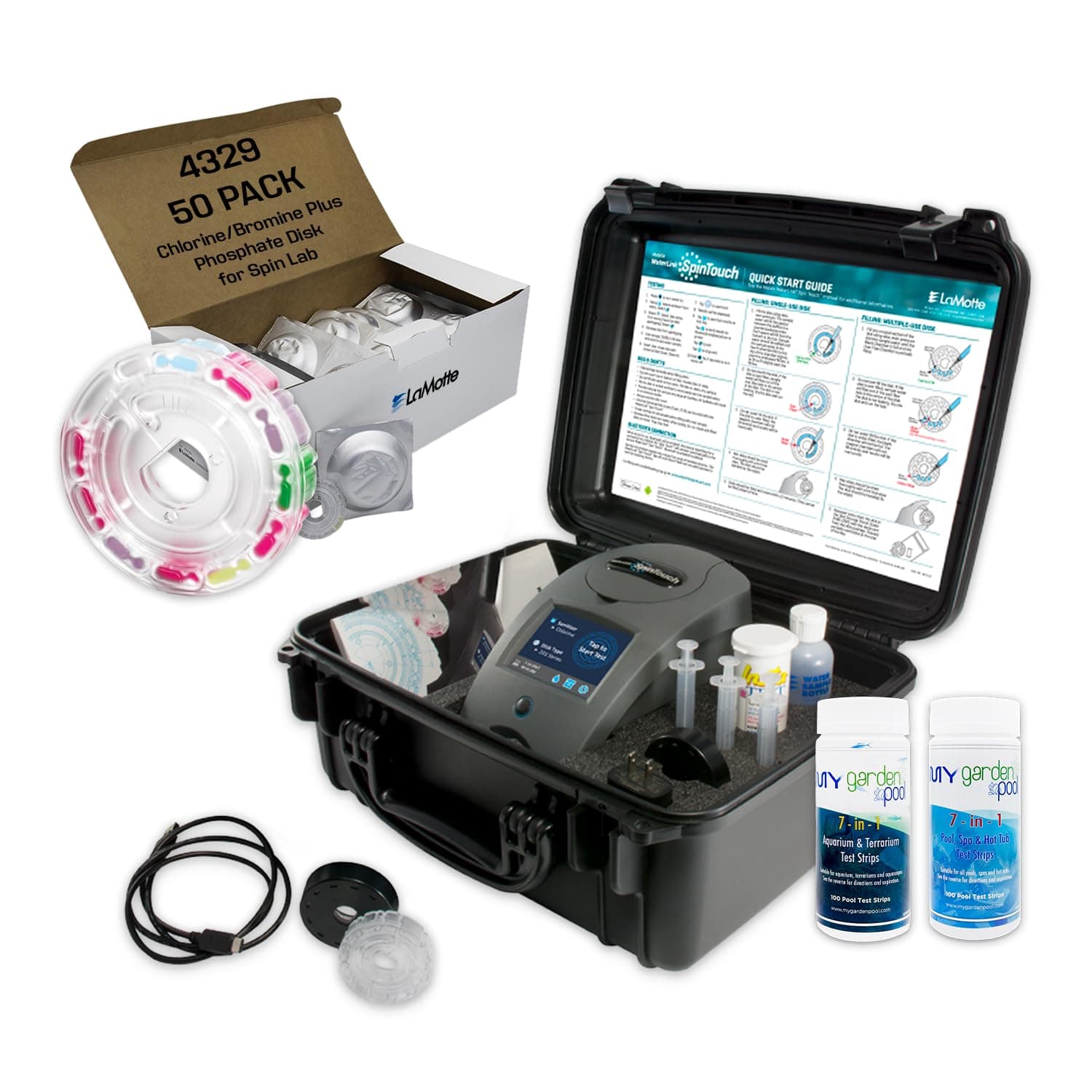 Lamotte WaterLink Spin Touch Kit; 3581 Mobile Spin Touch Lab, 4329 Chlorine/Bromine Plus Phosphate Disk, 50 ct; Carry Case and My Garden Pool Aquarium, Terrarium, Pool & Spa Test Strips, 100 ct.