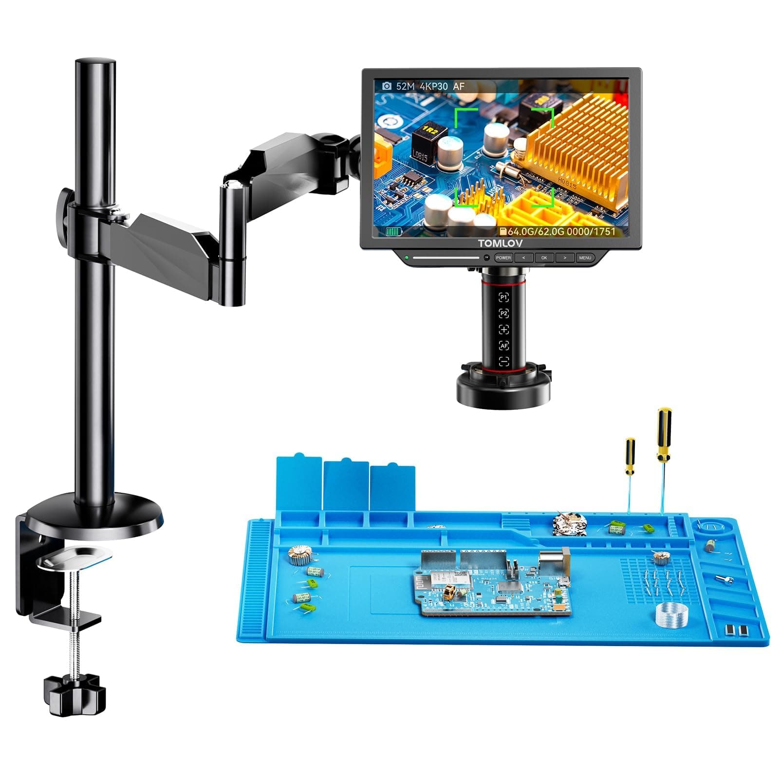 TM4K-AF Flex 4K Autofocus Digital Microscope HDMI, 8" IPS Coins Magnifier 2000X, 52MP Scope Camera for Soldering, with Flex Arm, Electronics Repair Mat, Ring Light, 64GB Card