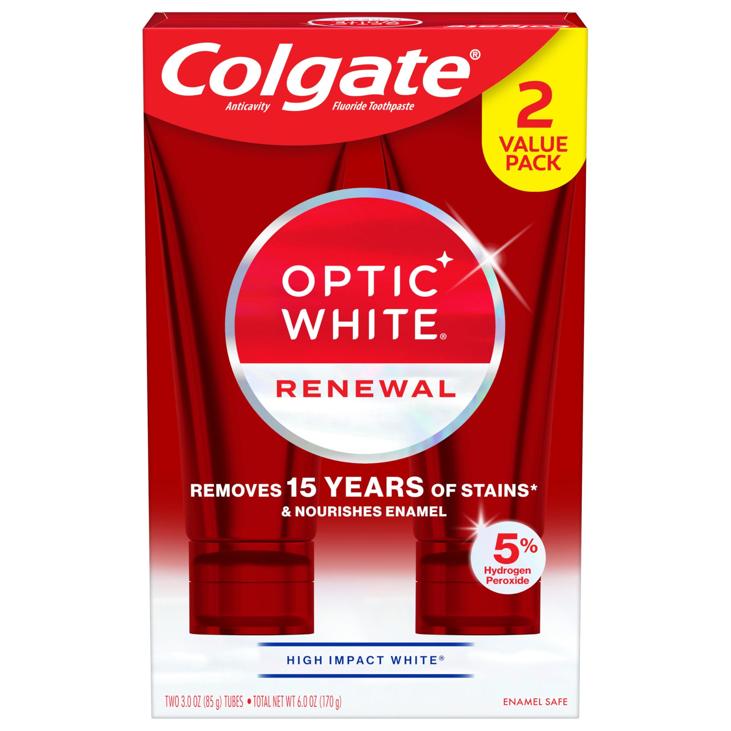Optic White Renewal Teeth Whitening Toothpaste, Whitening Fluoride Toothpaste Pack, Made with Hydrogen Peroxide, Helps Remove Tea, Coffee, and Wine Stains, High Impact White, 2 Pack, 3.0 oz