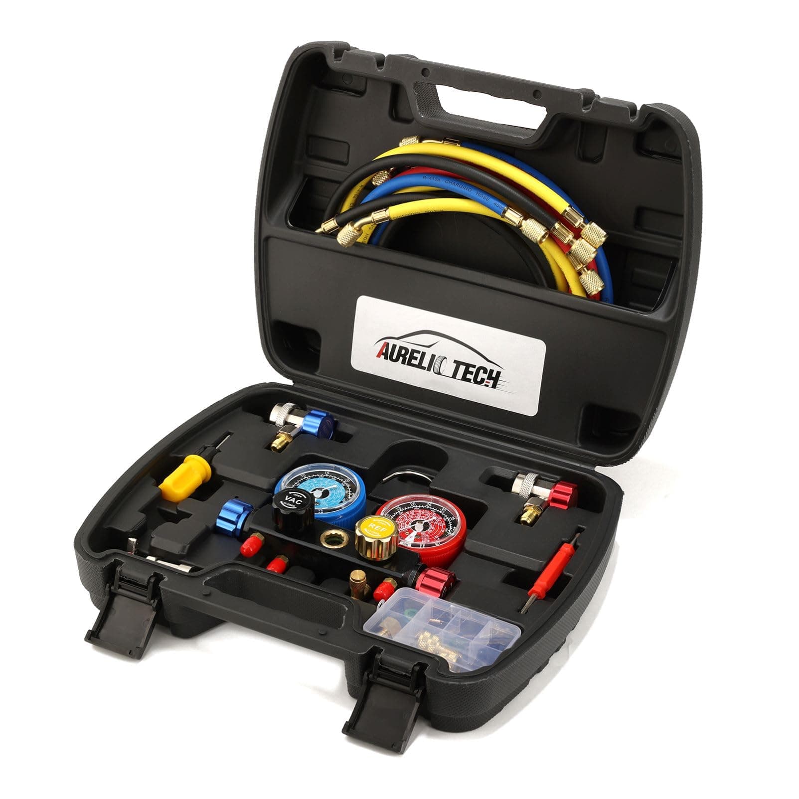 2020 Upgraded Version 4-Way A/C Manifold Gauge Set R134A R410A R404A R22 Refrigerant with 5 Feet Hose 3 Acme Tank Adapters Adjustable Coupler Can Tap