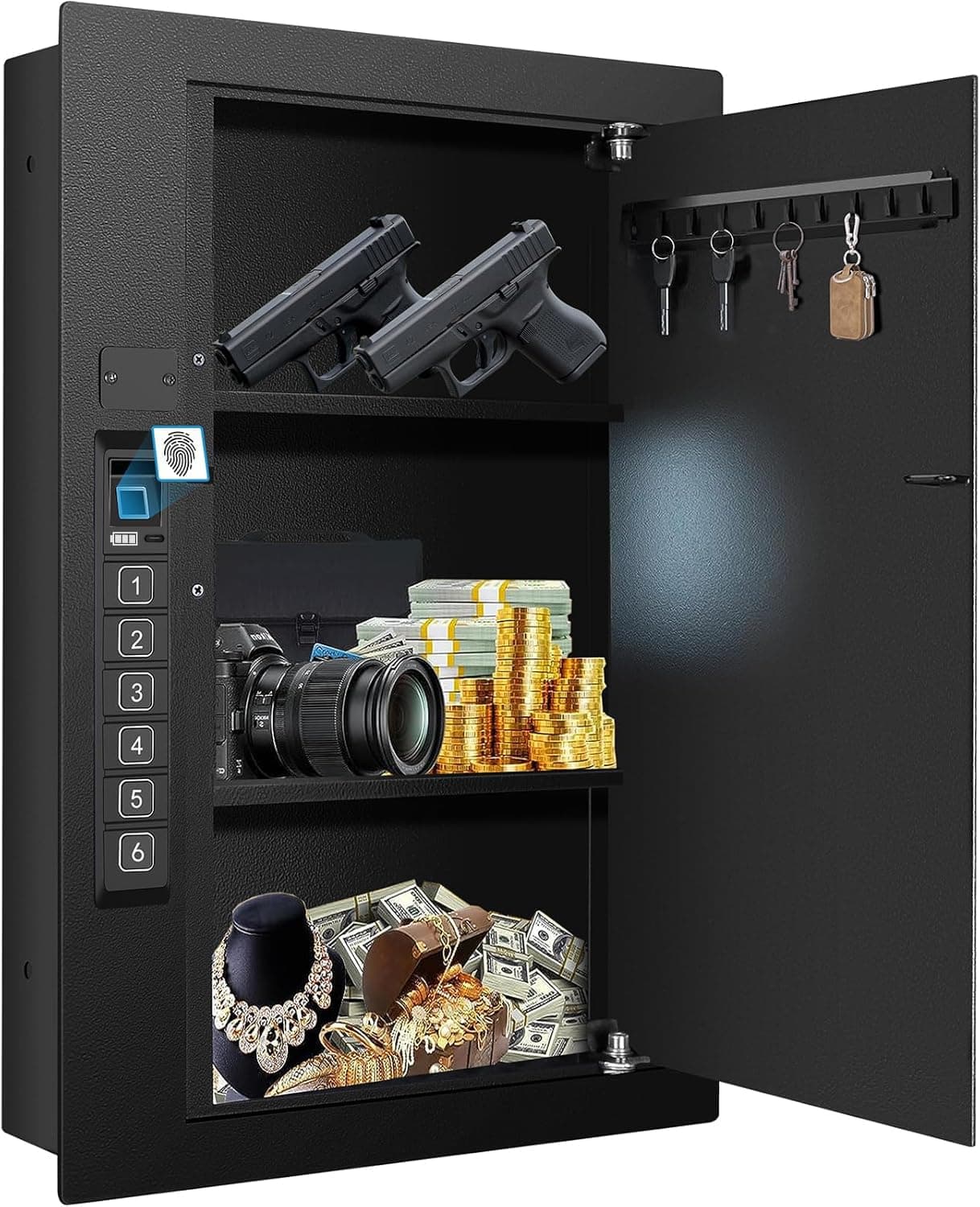 LANGGER V Biometric Wall Safe, Hidden Fingerprint Security, In Wall Safe Between Studs, Upgraded Biometric/Keypad/Key Access, Secure Handgun, Documents, Jewelry, Valuables