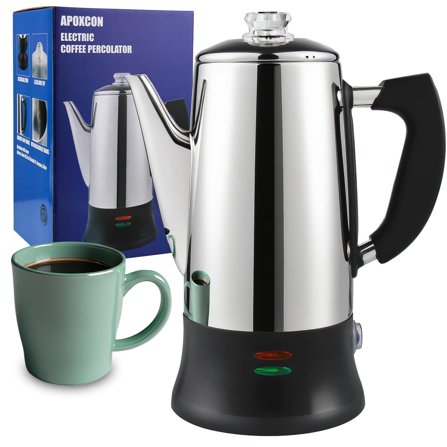 APOXCON Electric Coffee Percolator Stainless Steel Coffee Maker with Heat Resistant Tough Glass Clear Brew Progress Knob, Classic Coffee Pot with Keep Warm Cordless Serve Cool Touch Handle 12 Cup