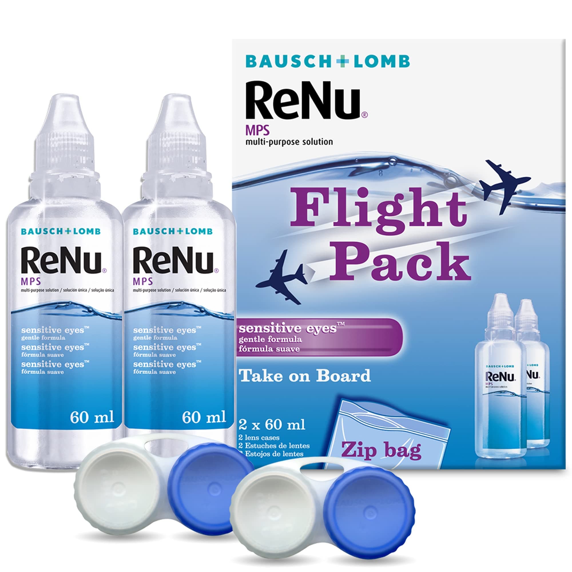 Multi-Purpose Travel Contact Lens Solution, 2x 60ml Flight Pack Size - For Soft Lenses, Gentle on Sensitive Eyes, Clean, Disinfect, Rinse, Lubricate and Store your Lenses, Lens Case Included