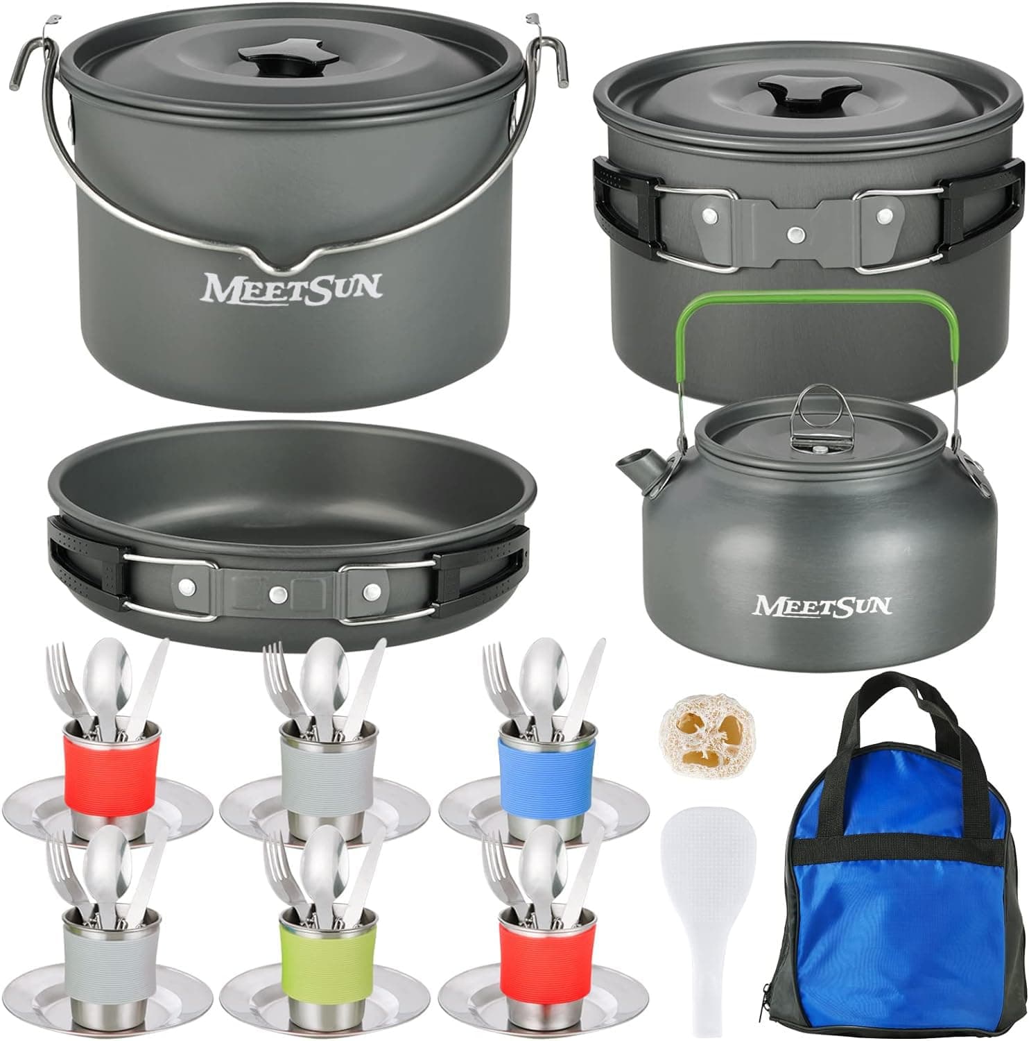 Camping Cookware Set - 37 PCs, Large Size Hanging Pot with Camping Pots and Pans, Camp Cooking Set for 6 People, Mess Kit with Cups, Dishes, Forks, Spoons, Knives for Outdoor Picnic