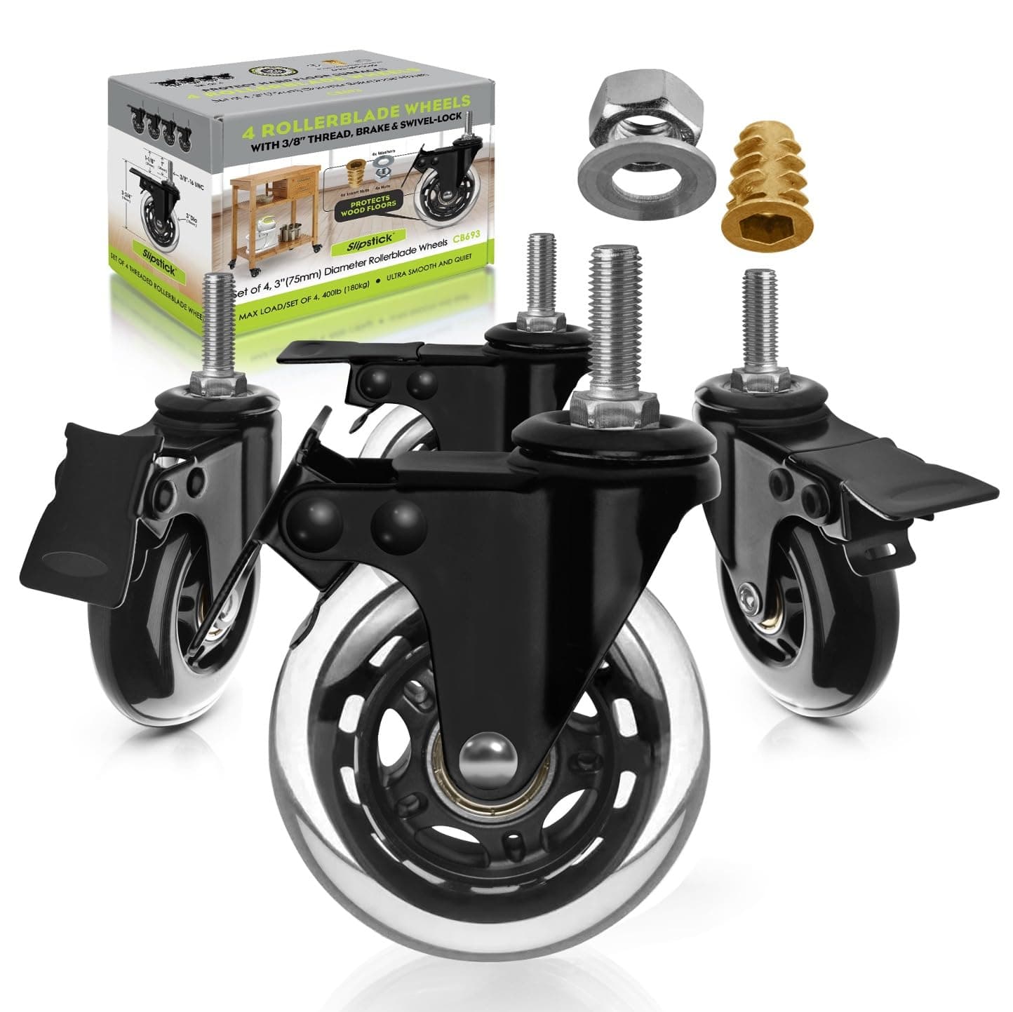 3 Inch Rubber Caster Wheels with Brake Locks (4 Pack) Heavy-Duty Rollerblade Style Castors with 3/8” – 16 UNC Threaded Stem & Mounting Hardware, Black/Clear